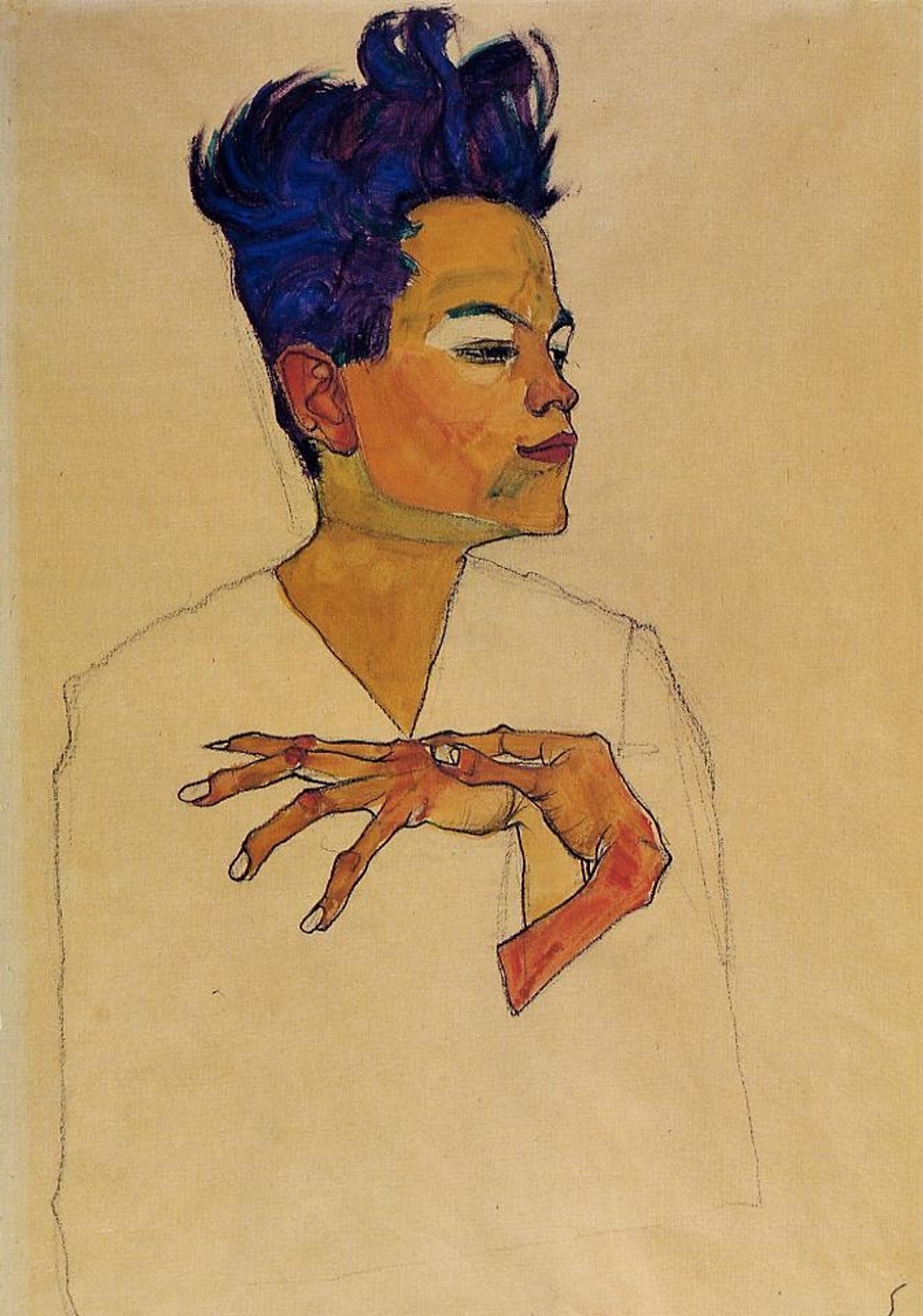 Self Portrait with Hands on Chest by Egon Schiele