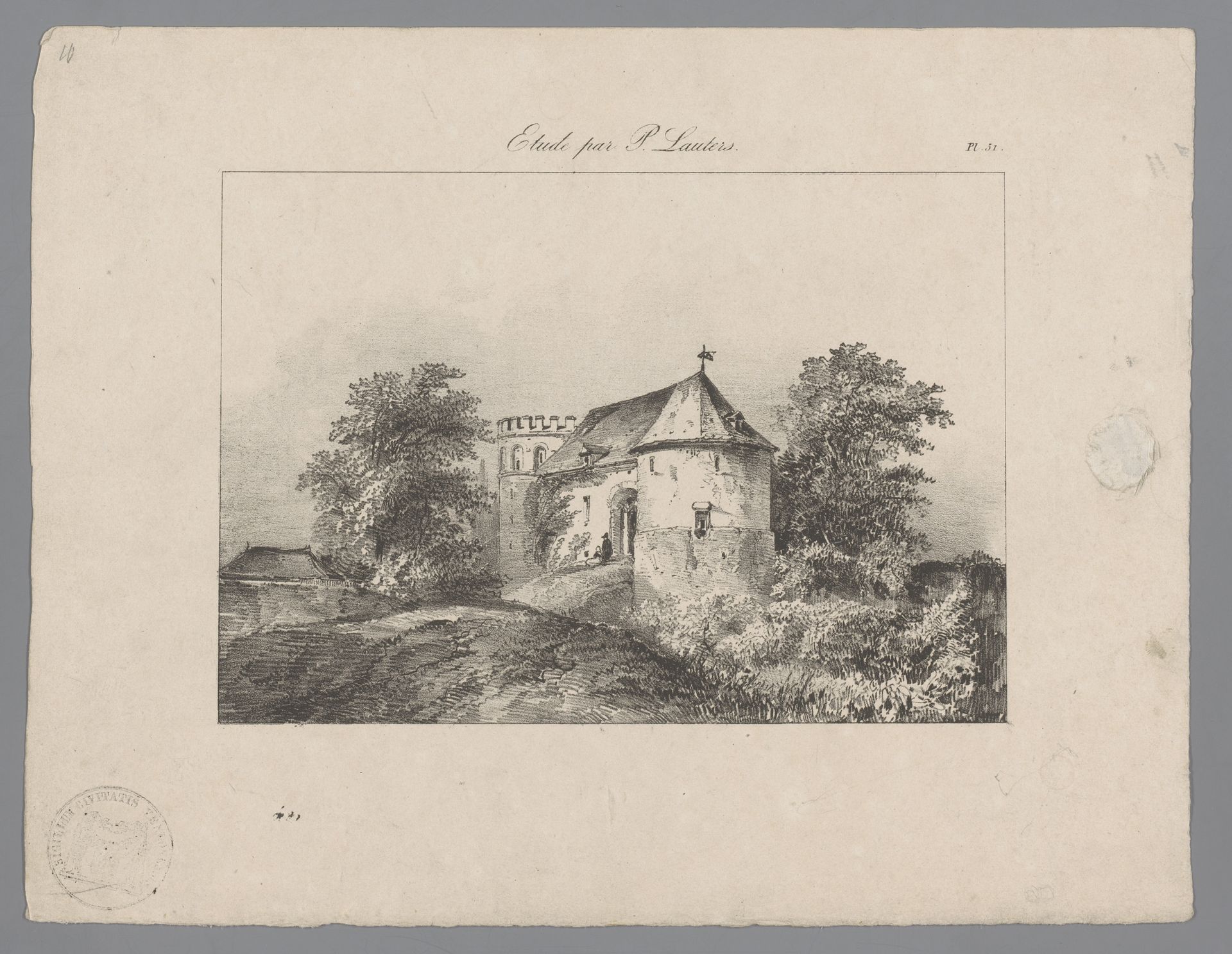 Landschap met kasteel of stadspoort by Paulus Lauters