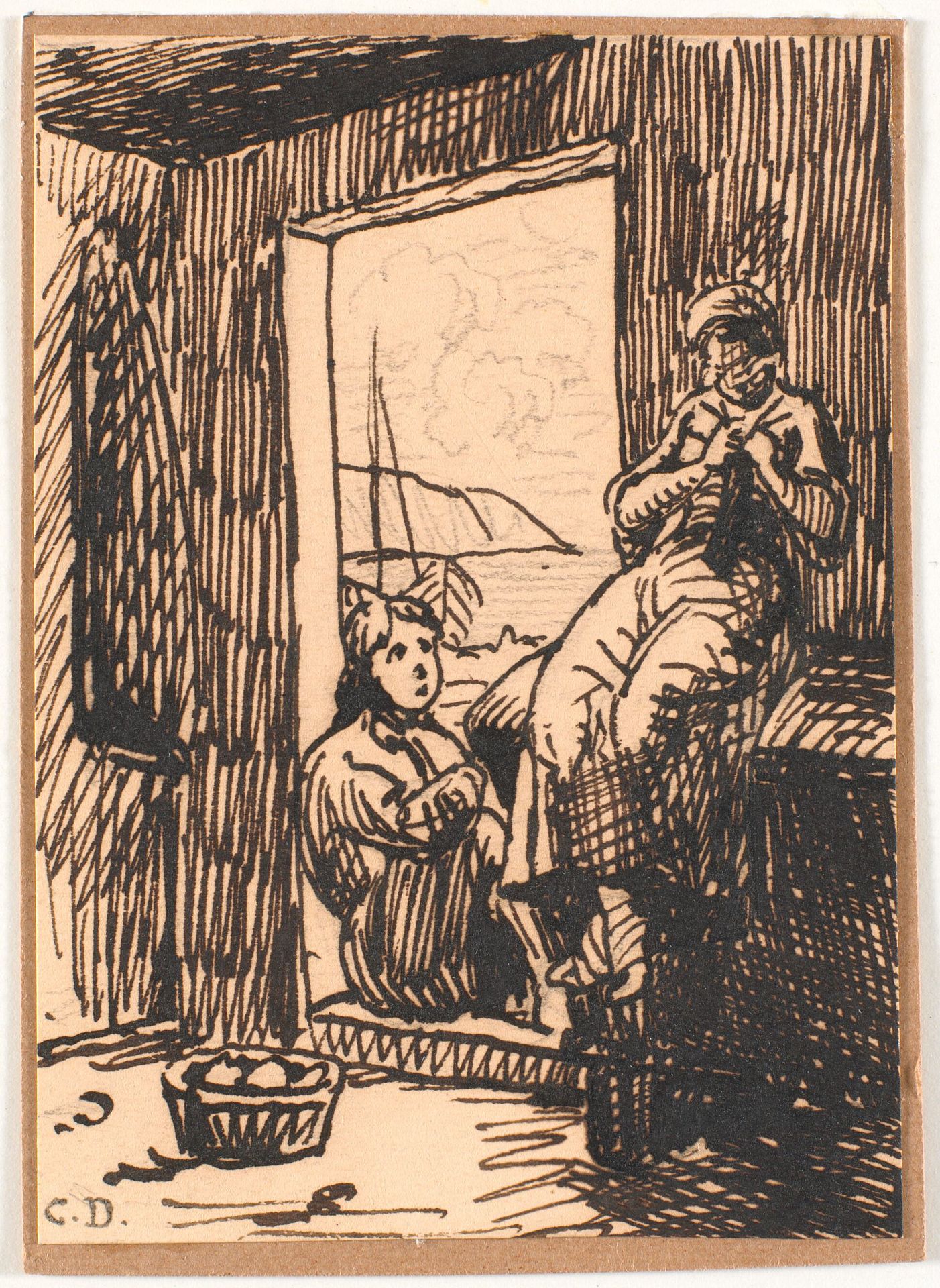 Pige og fiskerdrene i åben dør by Christen Dalsgaard