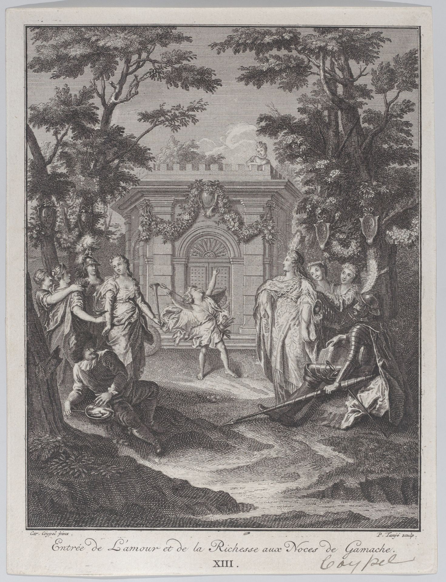 Plate 13: entrance of Love and Wealth to Gamache's wedding (Entrée de L'amour et de la Richesse aux Noces de Gamache) by Pieter Tanjé