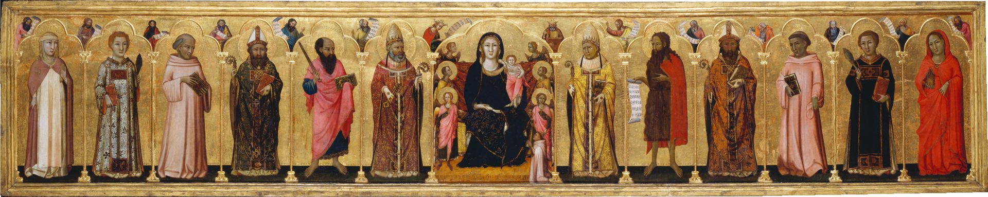 Madonna and Child Enthroned with Angels,Twelve Saints, Prophets,  and the Donor by Meo da Siena