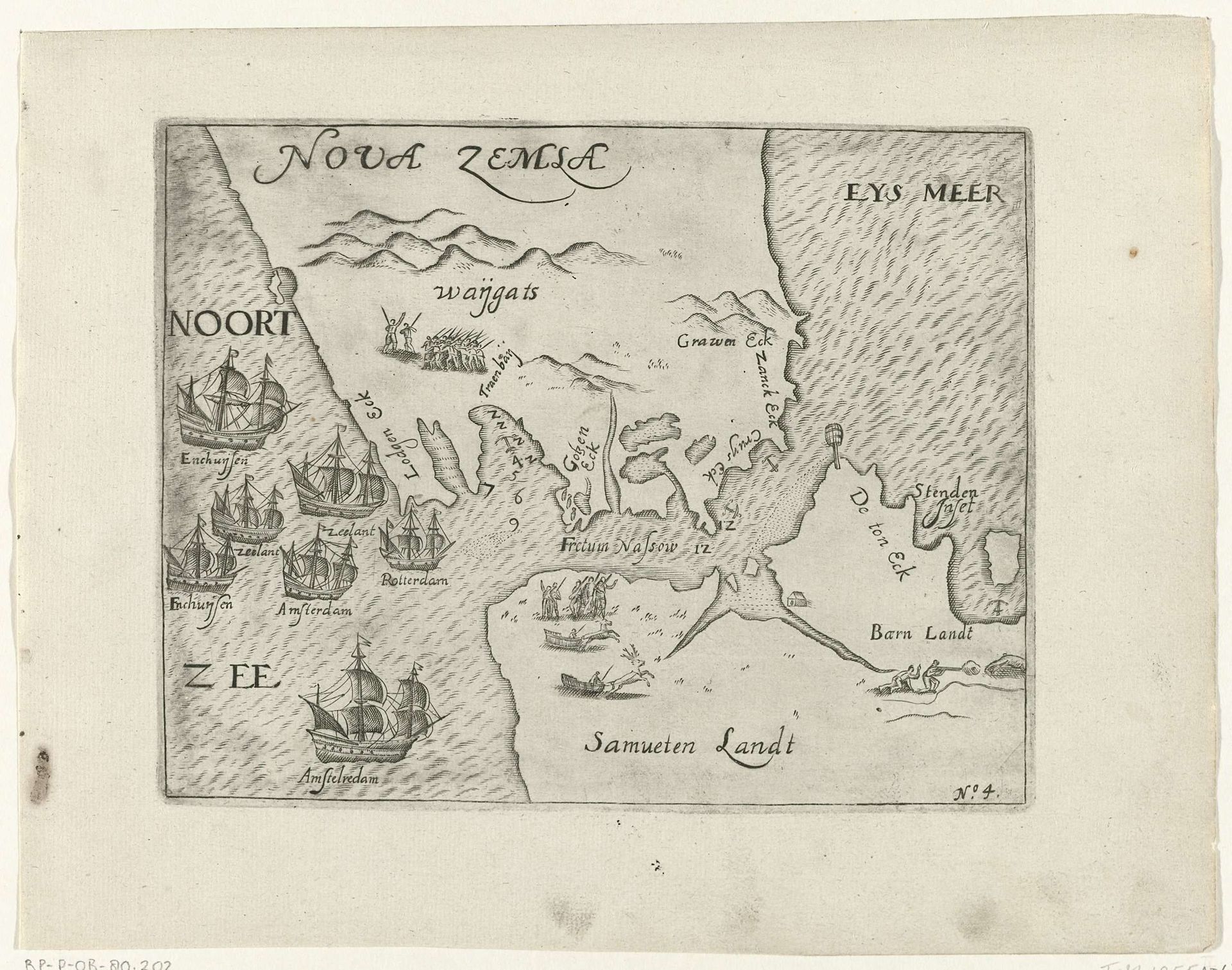 Aankomst van de zeven schepen bij de straat Waygats, 1595 by Anonymous
