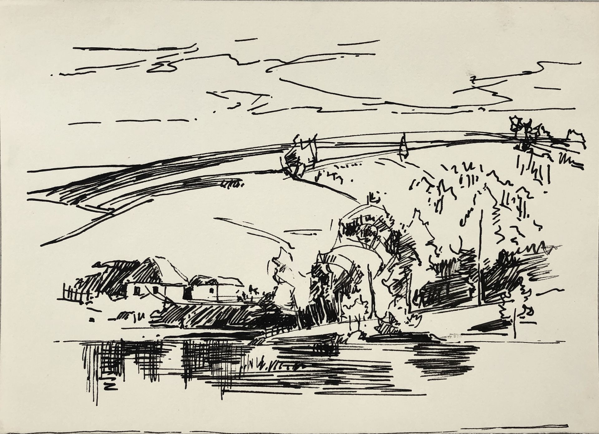 Houses above the water. Stebliv (?) by Hryhorii Havrylenko