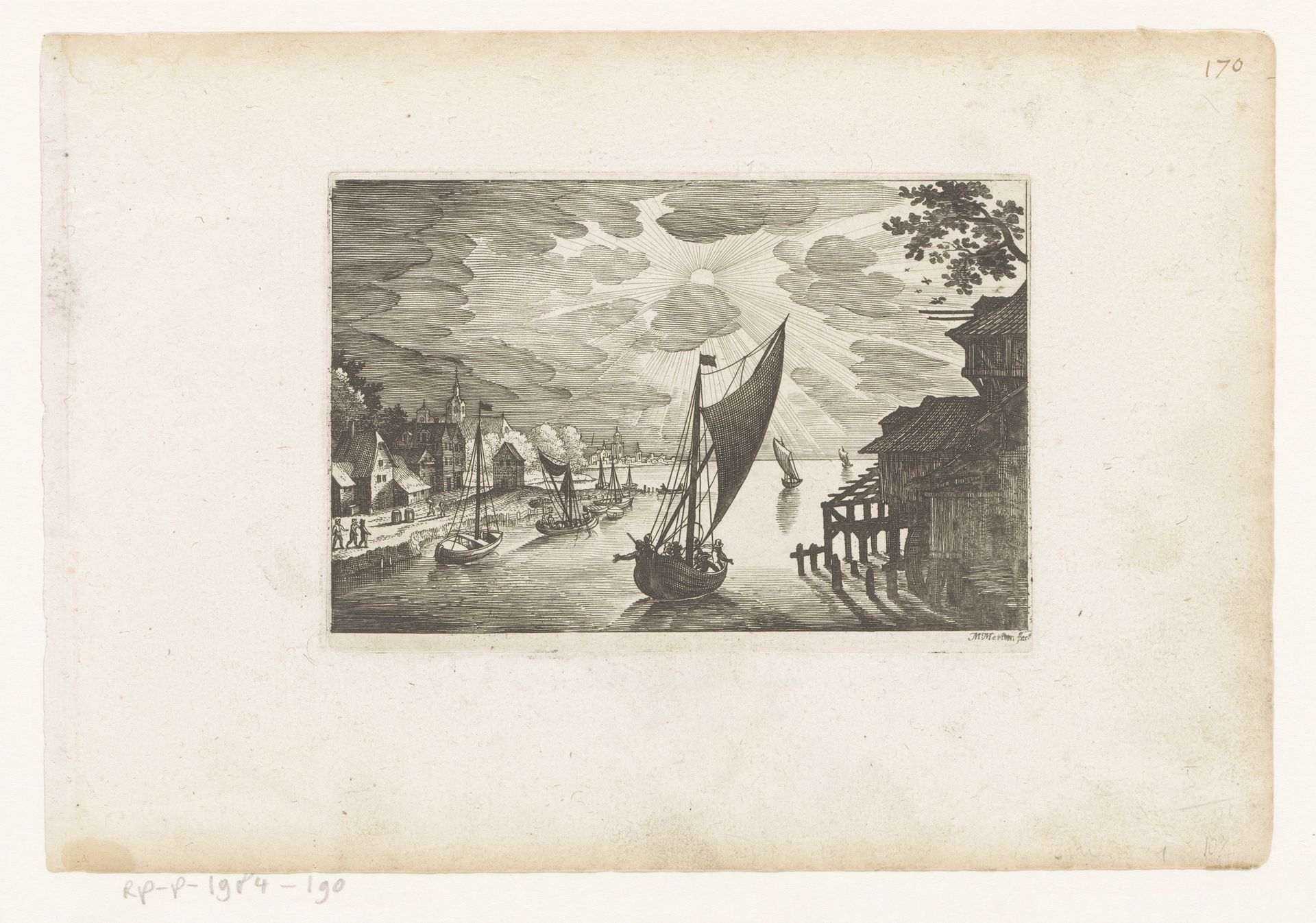 Zeehaven met ondergaande zon by Matthäus (I) Merian