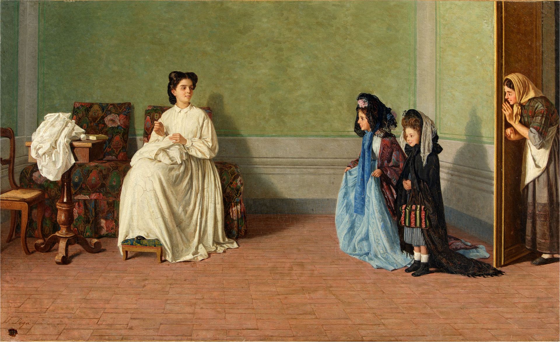 Two little girls playing ladies by Silvestro Lega