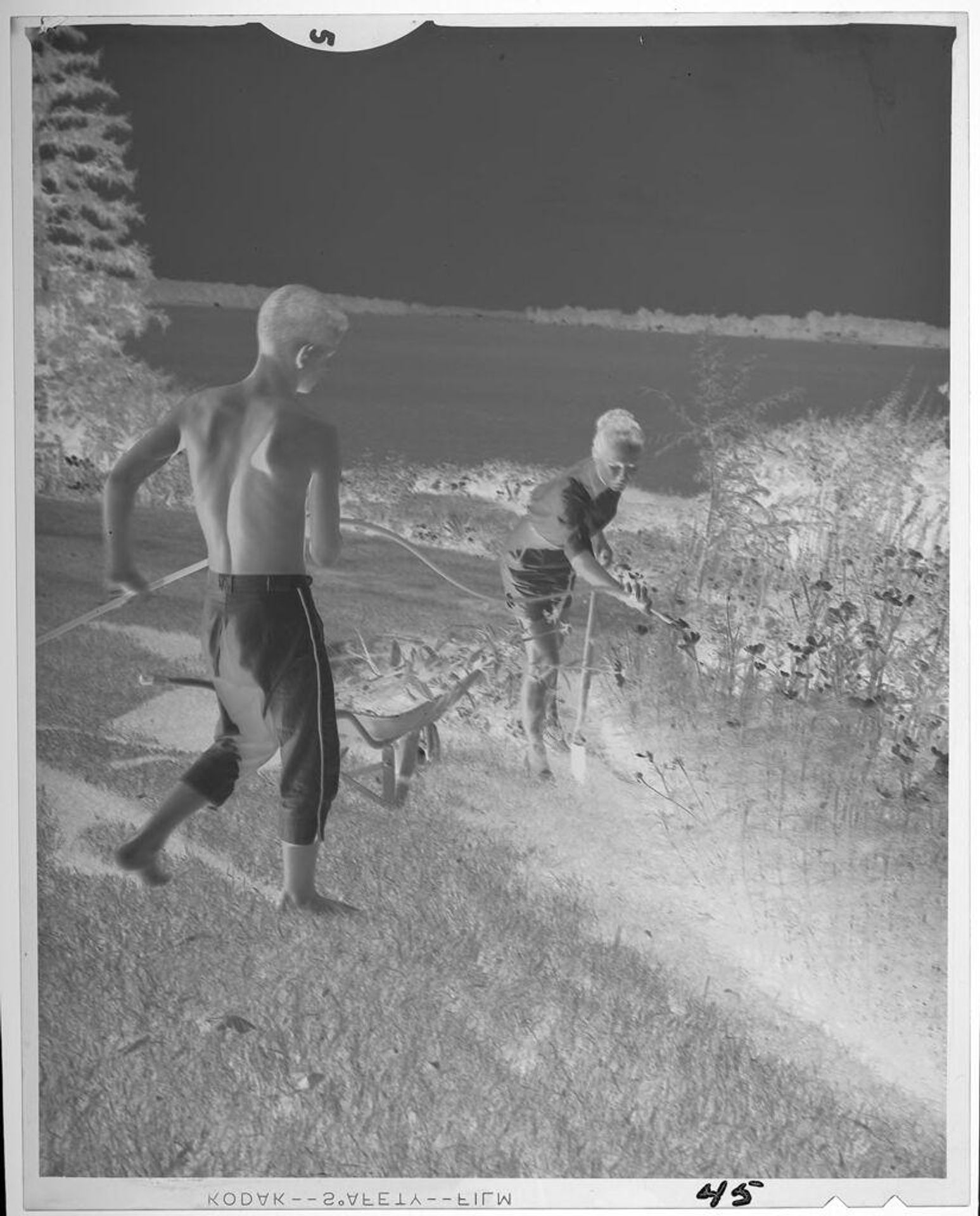 Untitled (woman and boy gardening by lake) by Lucian and Mary Brown