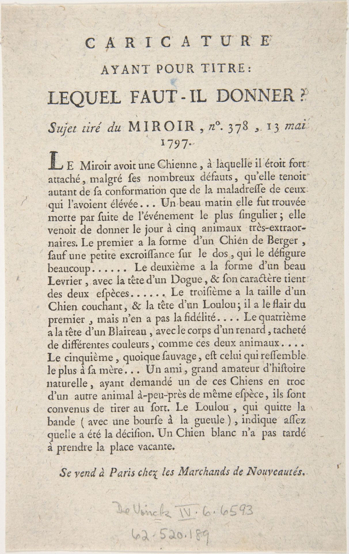 Caricature, Ayant Pour Titre: Lequel Faut-il Donner?, Sujet tiré du Miroir, no. 378, 13 Mai, 1797 by Anonymous