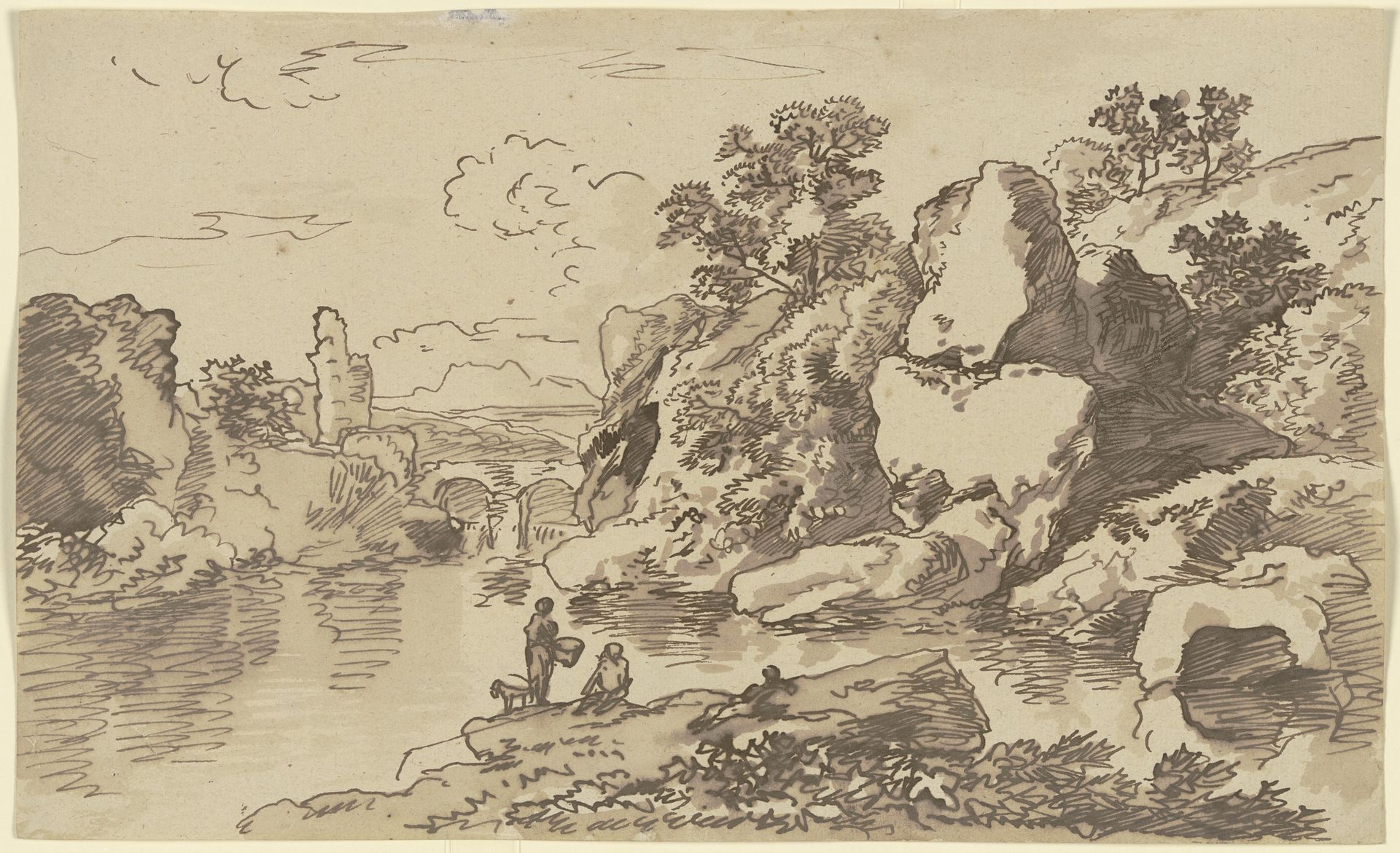 Flusslandschaft mit Ruine und Brücke im Mittelgrund by Franz Kobell