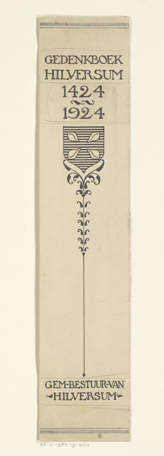 Ontwerp voor een boekrug voor: P.J. Ravesteijn, Gedenkboek Hilversum 1424-1924, 1924 by Reinier Willem Petrus de (1874-1952) Vries