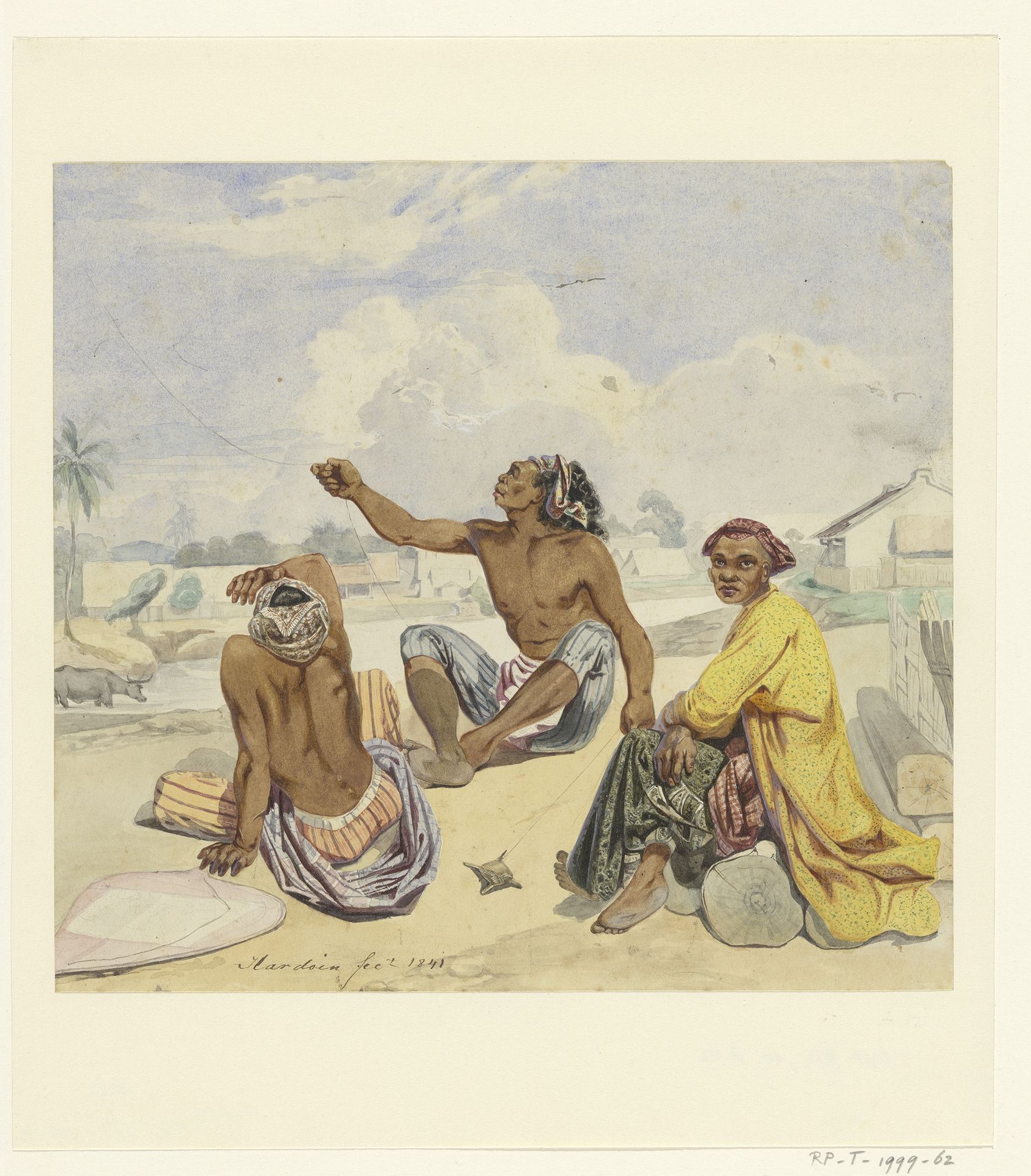 Drie zittende mannen bij een kali (dorp) by Ernest Alfred Hardouin