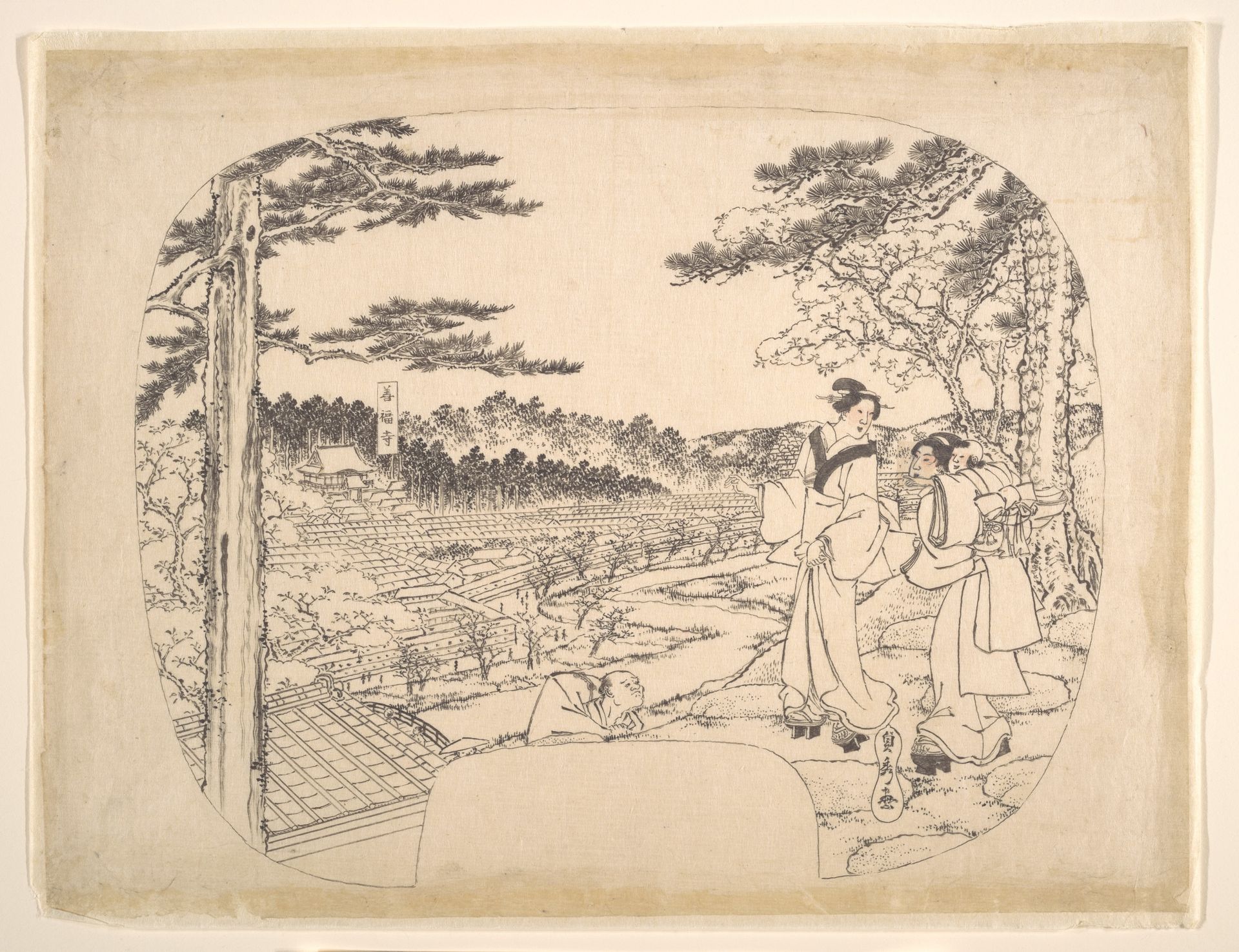 Two Women Admiring the Sights from a Vantage Point Overlooking the Zenpukuji Temple by Utagawa (Gountei) Sadahide