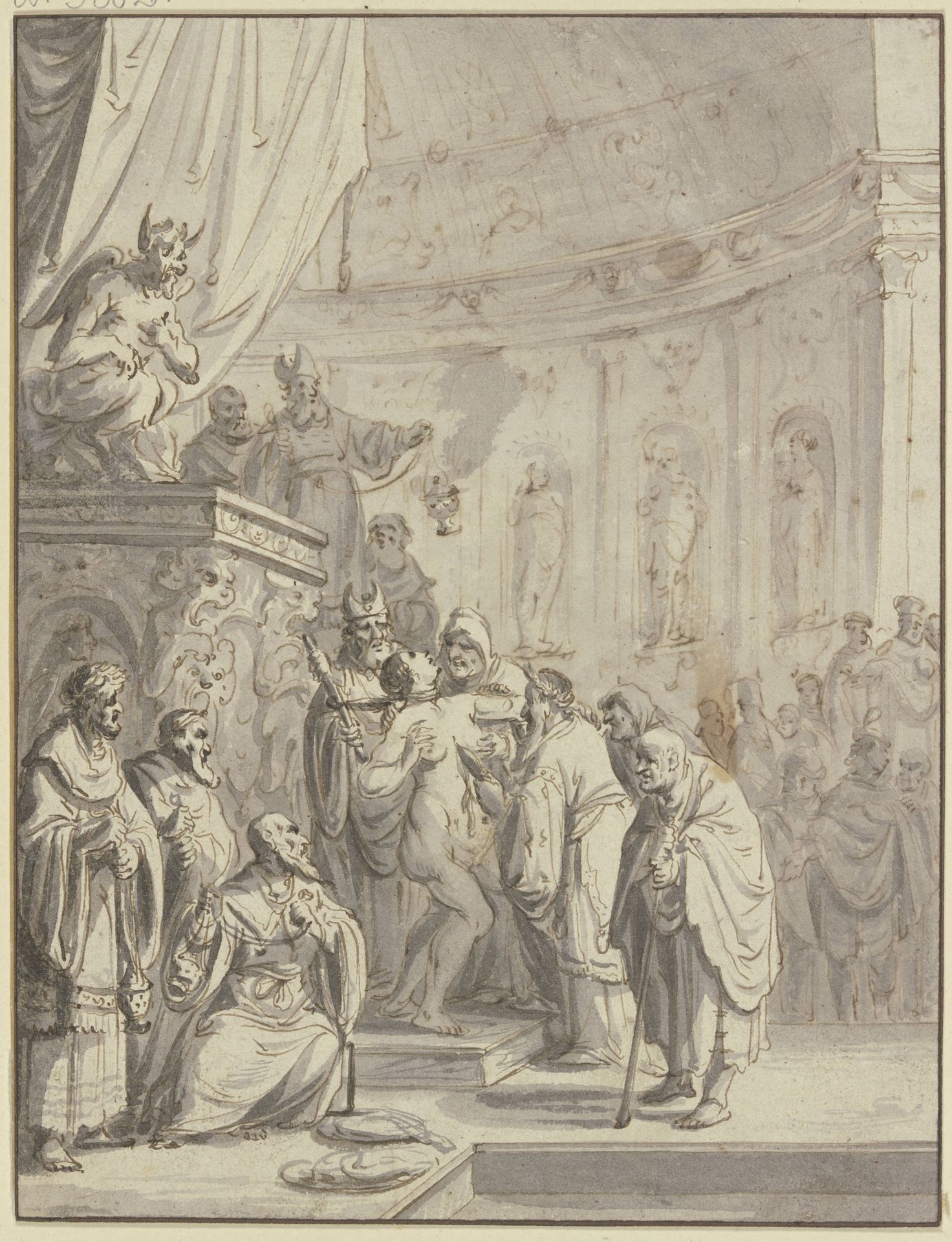 Einer nackten Frau wird in einem Tempel mit einem Messer der Körper geöffnet by Leonaert Bramer