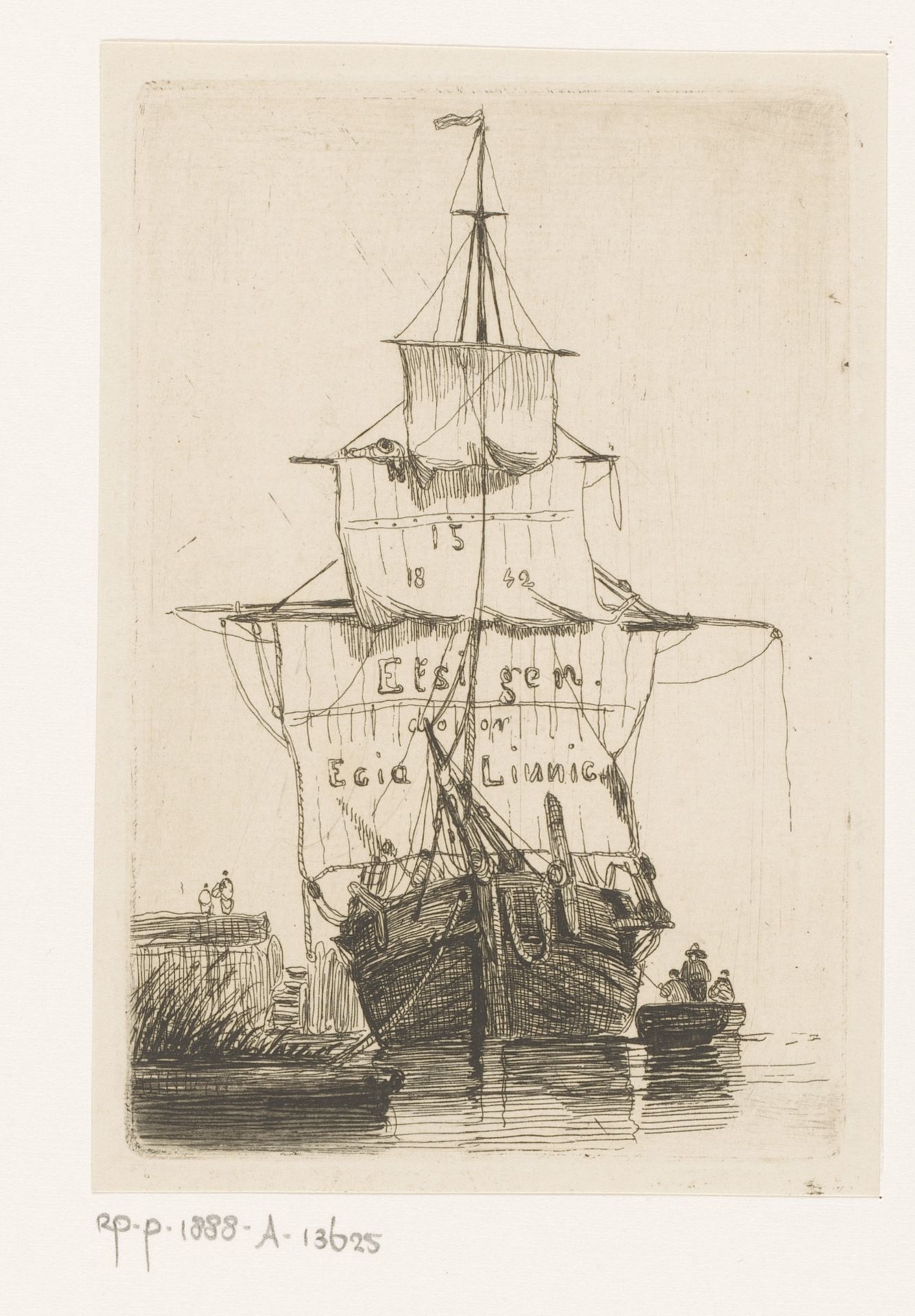 Titelprent met een aangemeerd zeilschip by Egidius Linnig