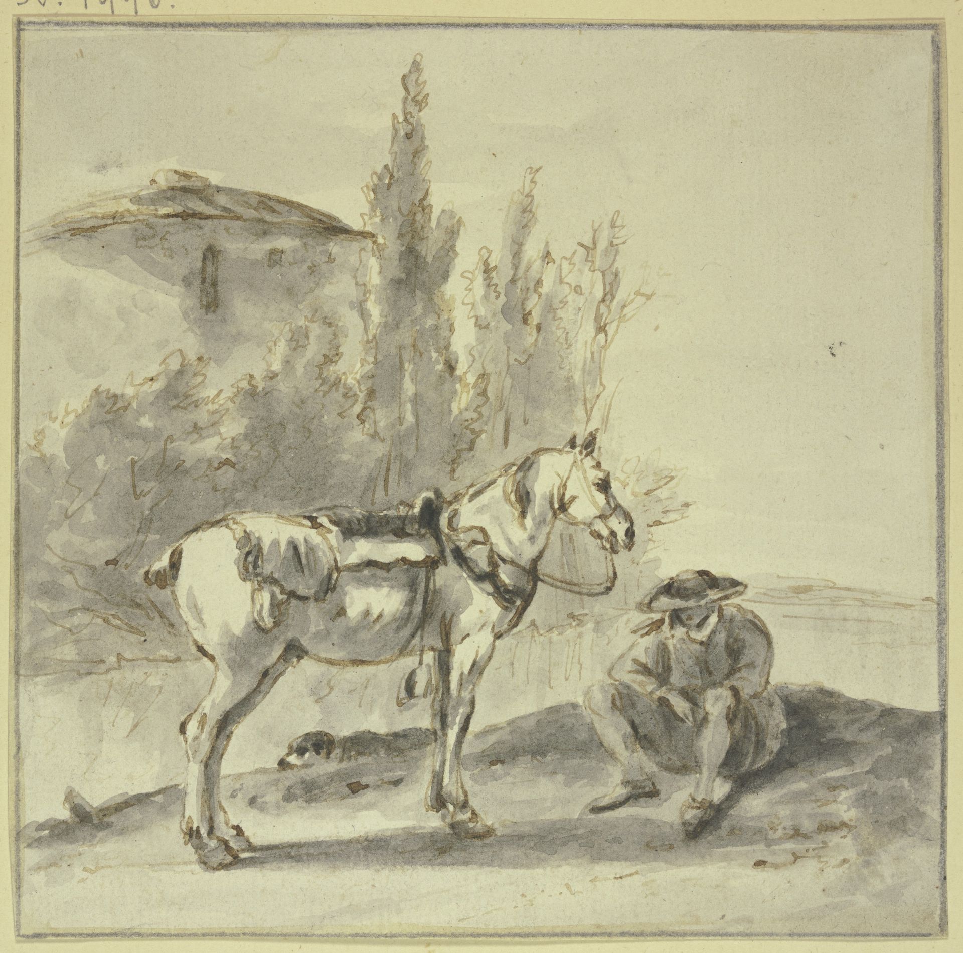 Ein Bauer sitzt bei seinem Pferde by Thomas Wijck