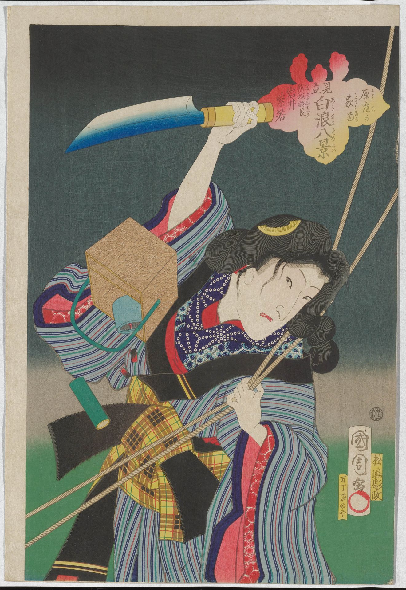Night Rain at Hara Garden- Actor Iwai Shijaku II as Kumasaka Ochō by Toyohara Kunichika