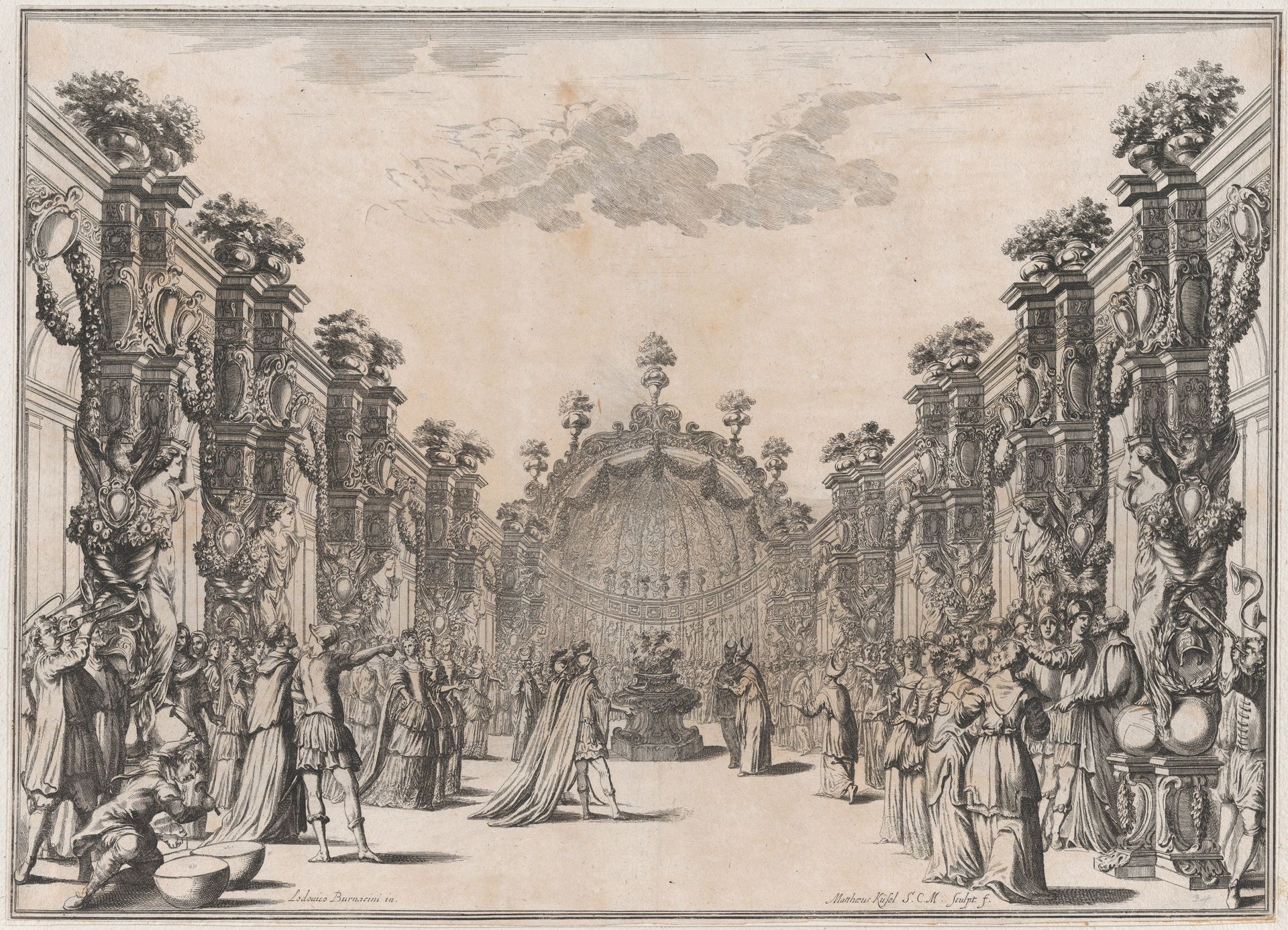 A large group gathered in a courtyard before a domed structure; musicians play at left; set design from 'Il Fuoco Eterno' by Mathäus Küsel