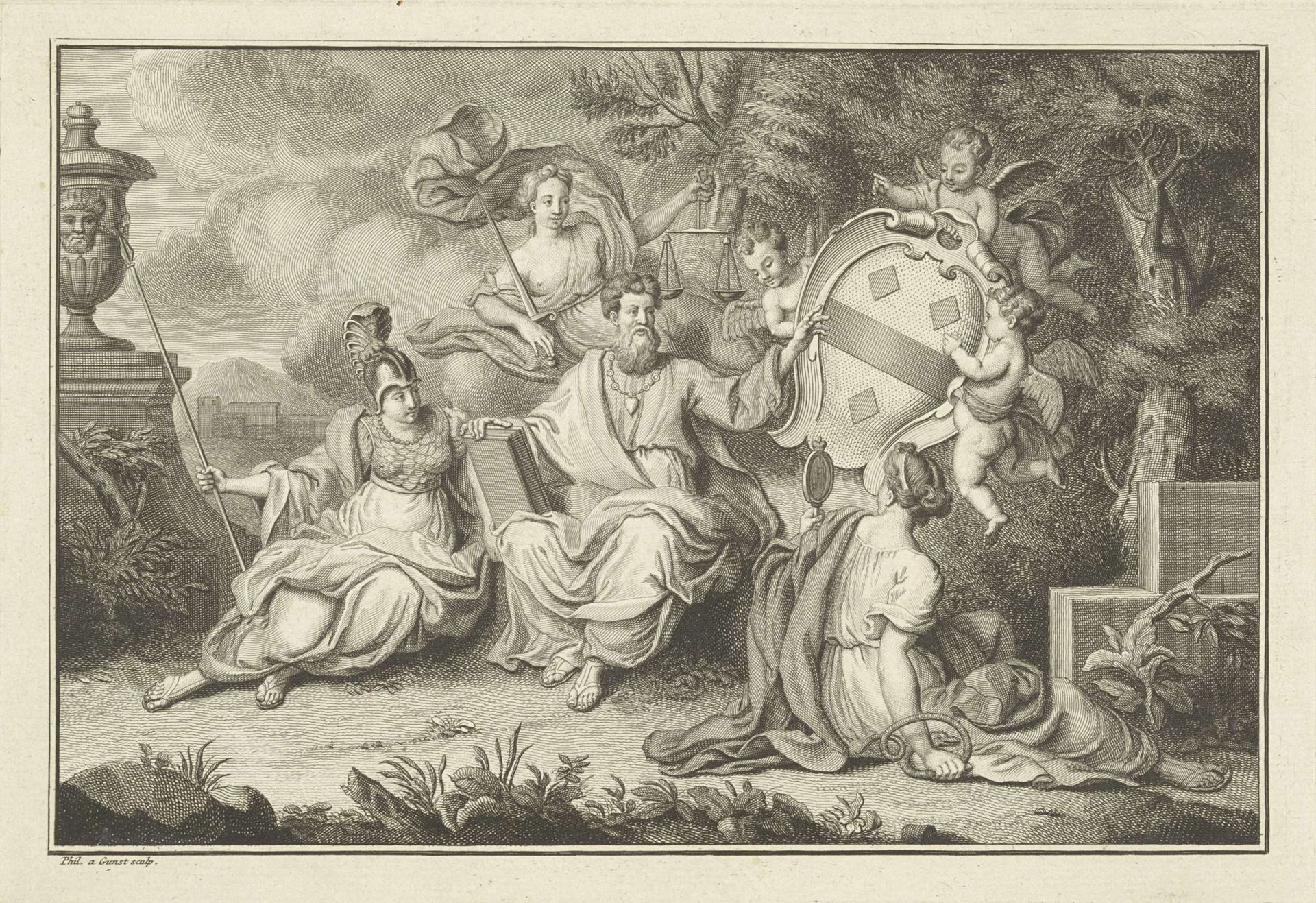 Familiewapen Van de Poll in allegorische setting by Philip van Gunst