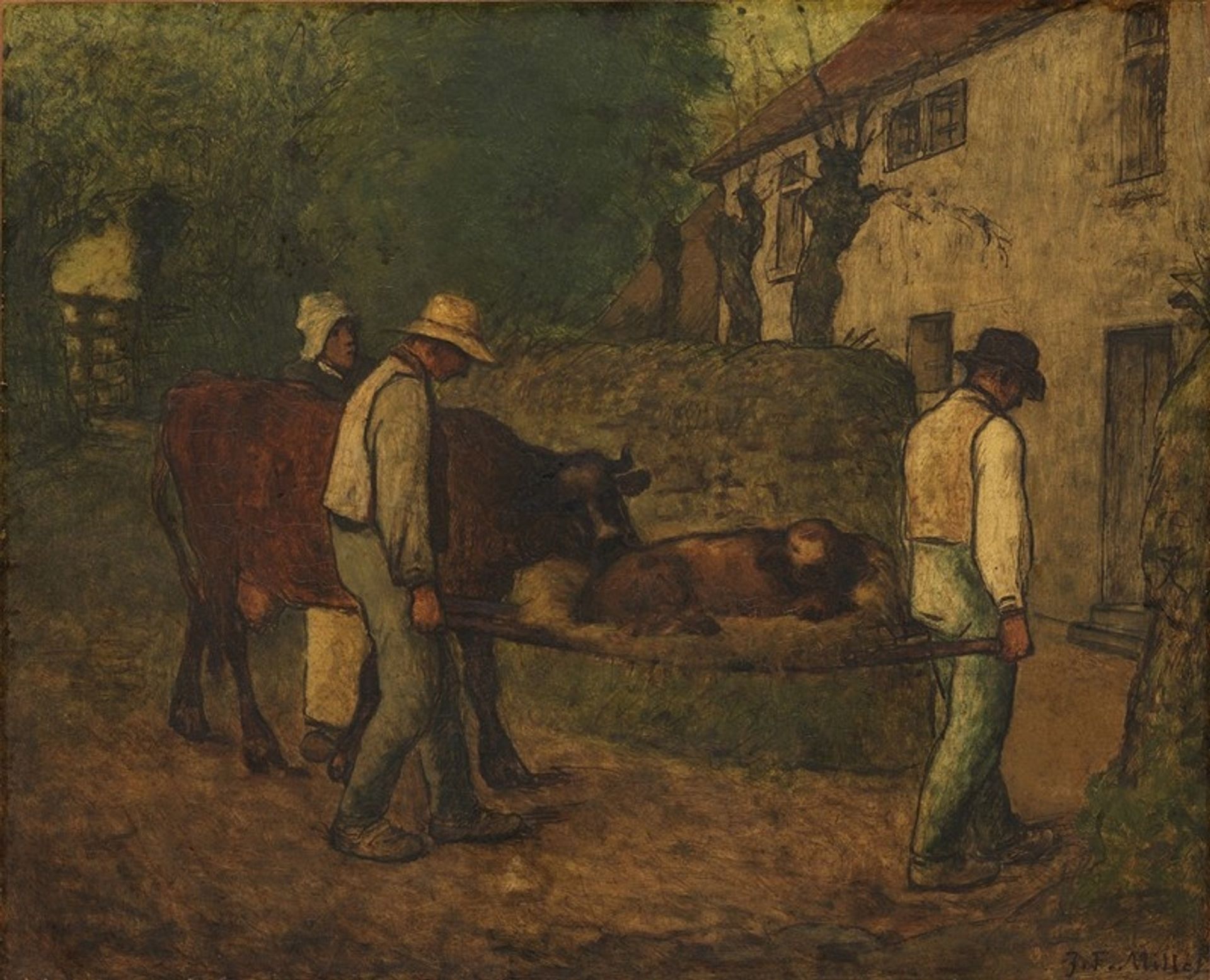 Bringing Home the Calf Born in the Fields, begun by Jean-François Millet