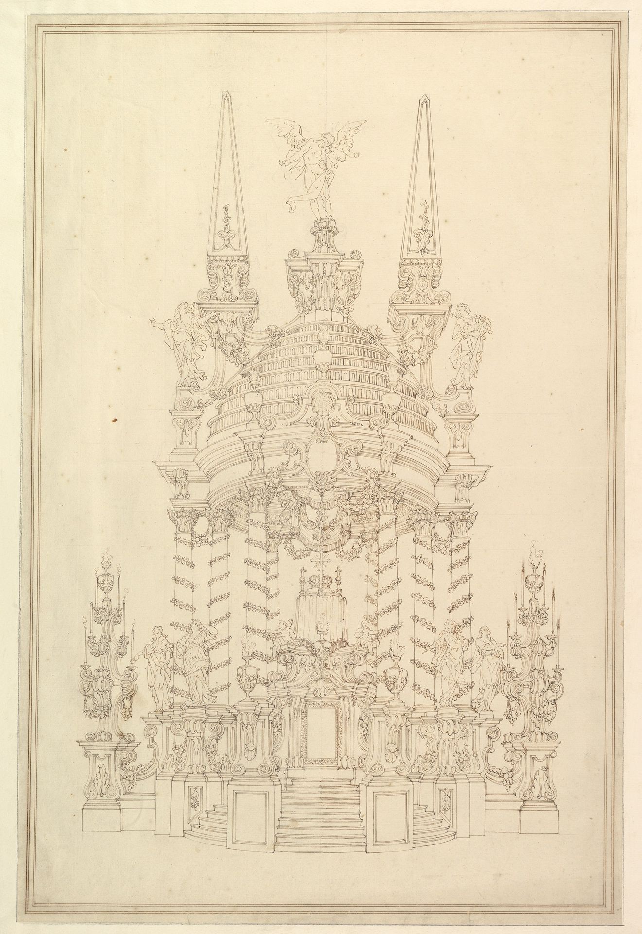 Elevation of a Catafalque: Wreathed Columns Supporting a Stepped Dome Surmounted by 2 Obelisks with Figure of Saturn between Them. by Giuseppe Galli Bibiena