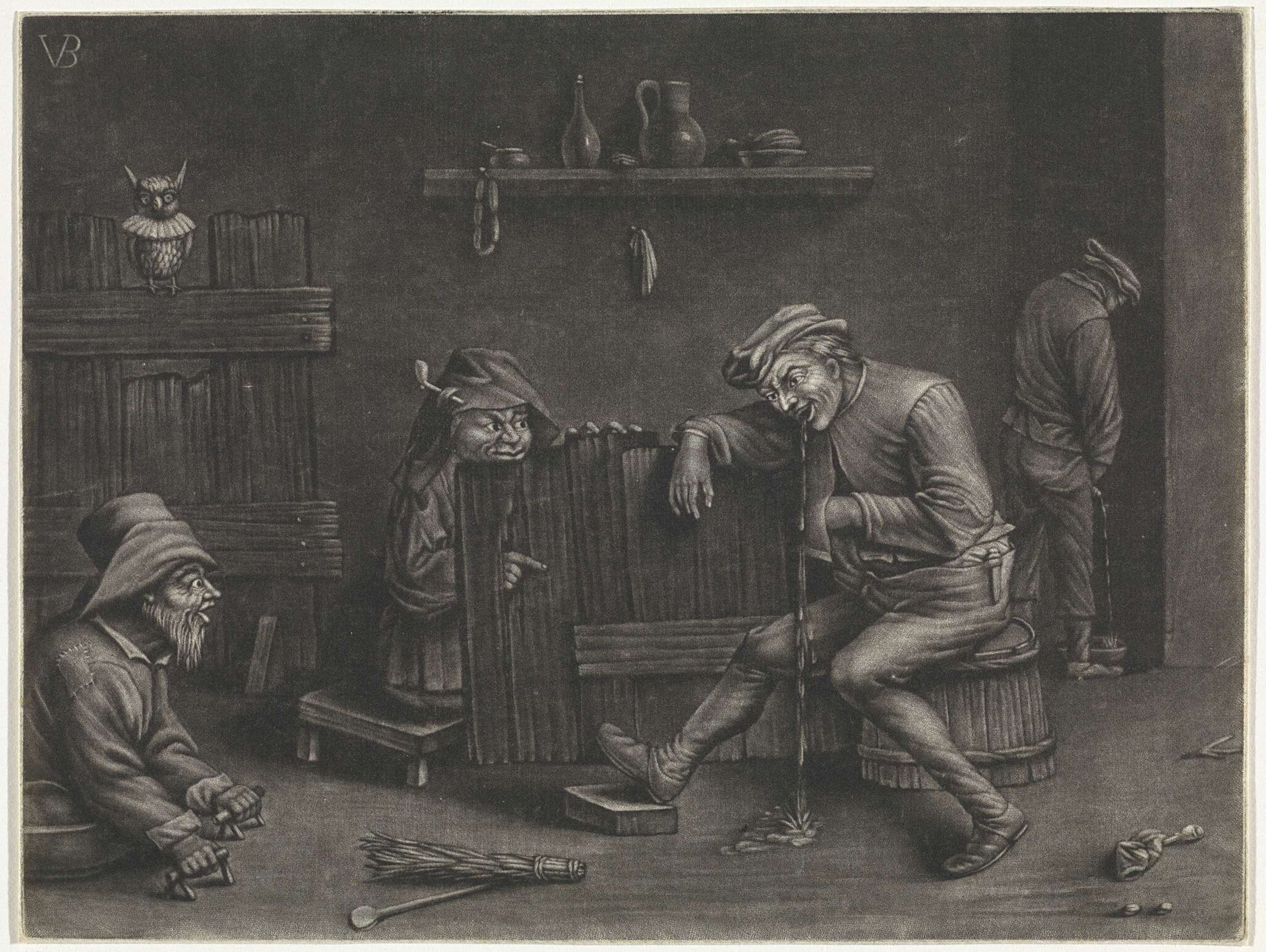 Interieur met urinerende man, brakende man, een dwerg en een bedelaar by Jan van der Bruggen