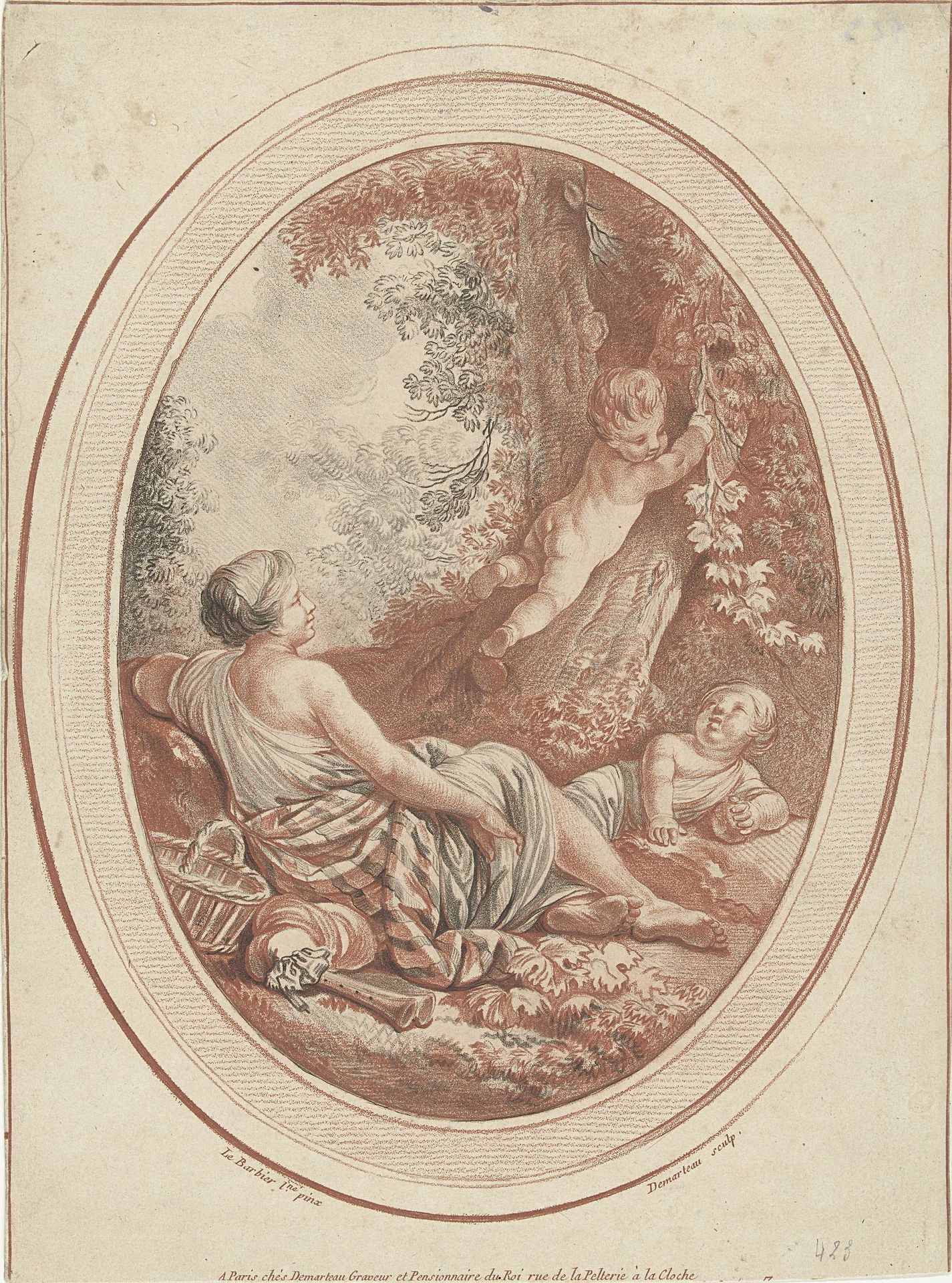 Bacchanaal met nimf en putti bij bomen by Gilles Demarteau