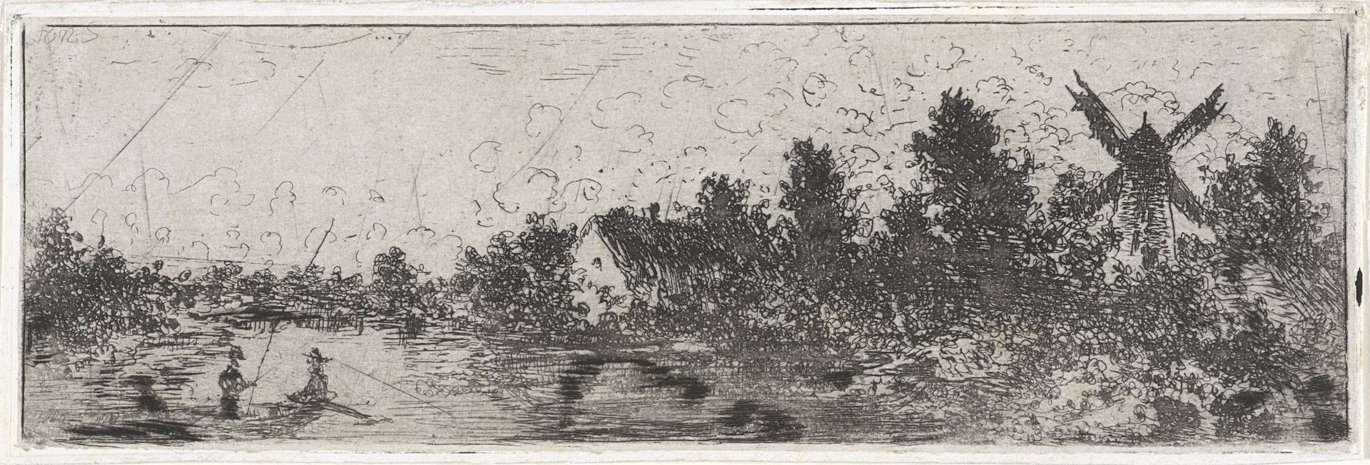 Waterrijk landschap met molen, huis en roeiboot by Arnoud Schaepkens