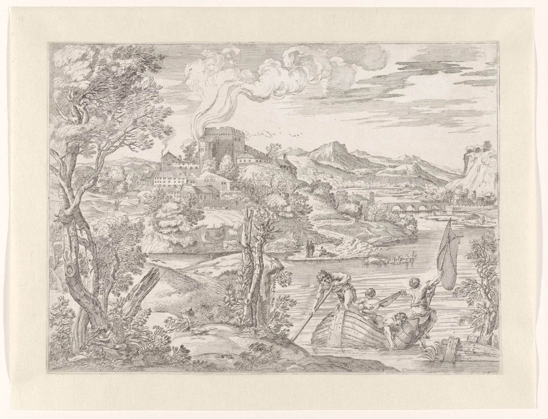Landschap met boot met vissers en een luitspeler by Giovanni Francesco Grimaldi