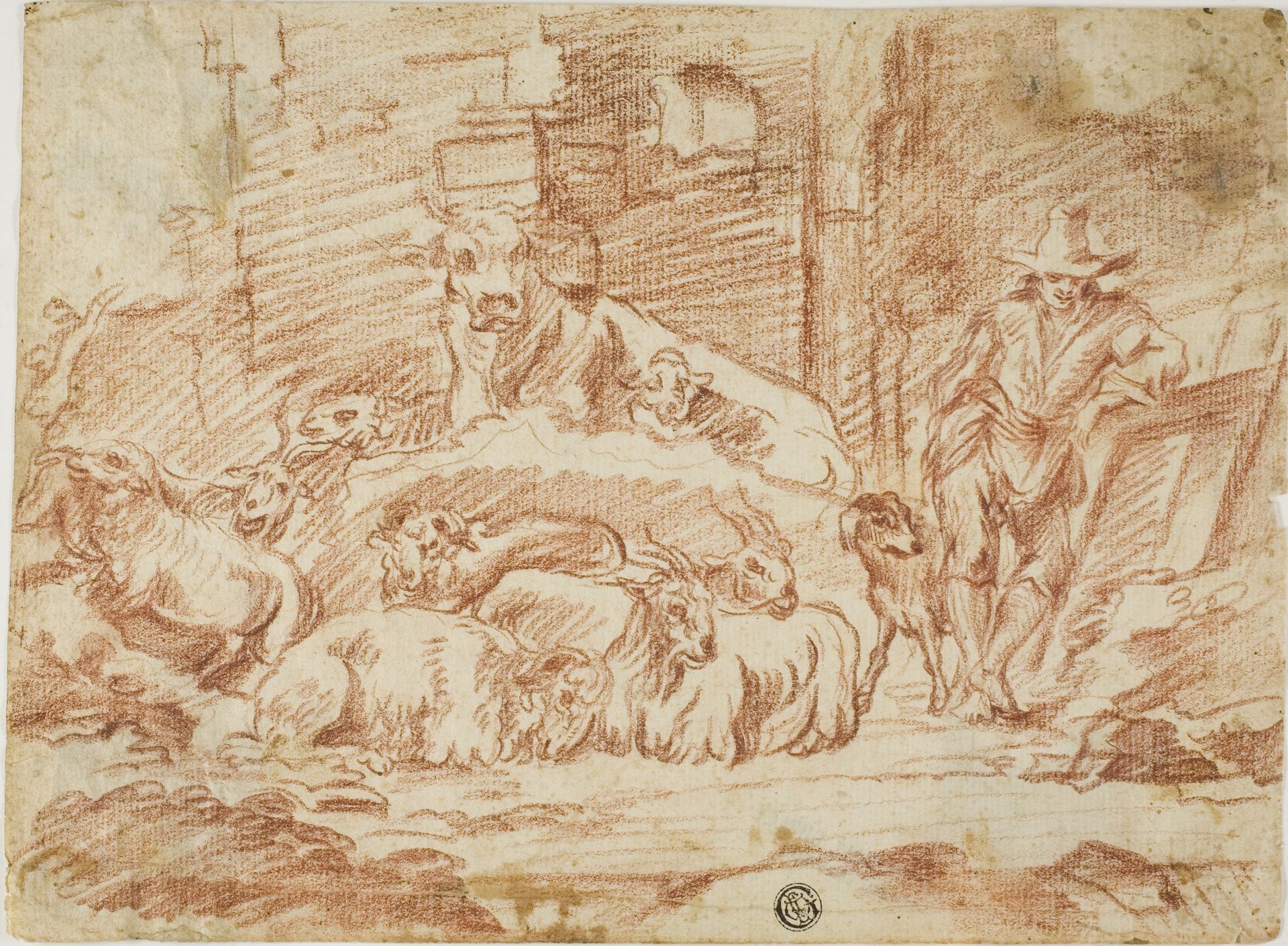 Stable Interior: Herder Resting with Sheep, Cow, Goats and Dog by Andrea di Lione