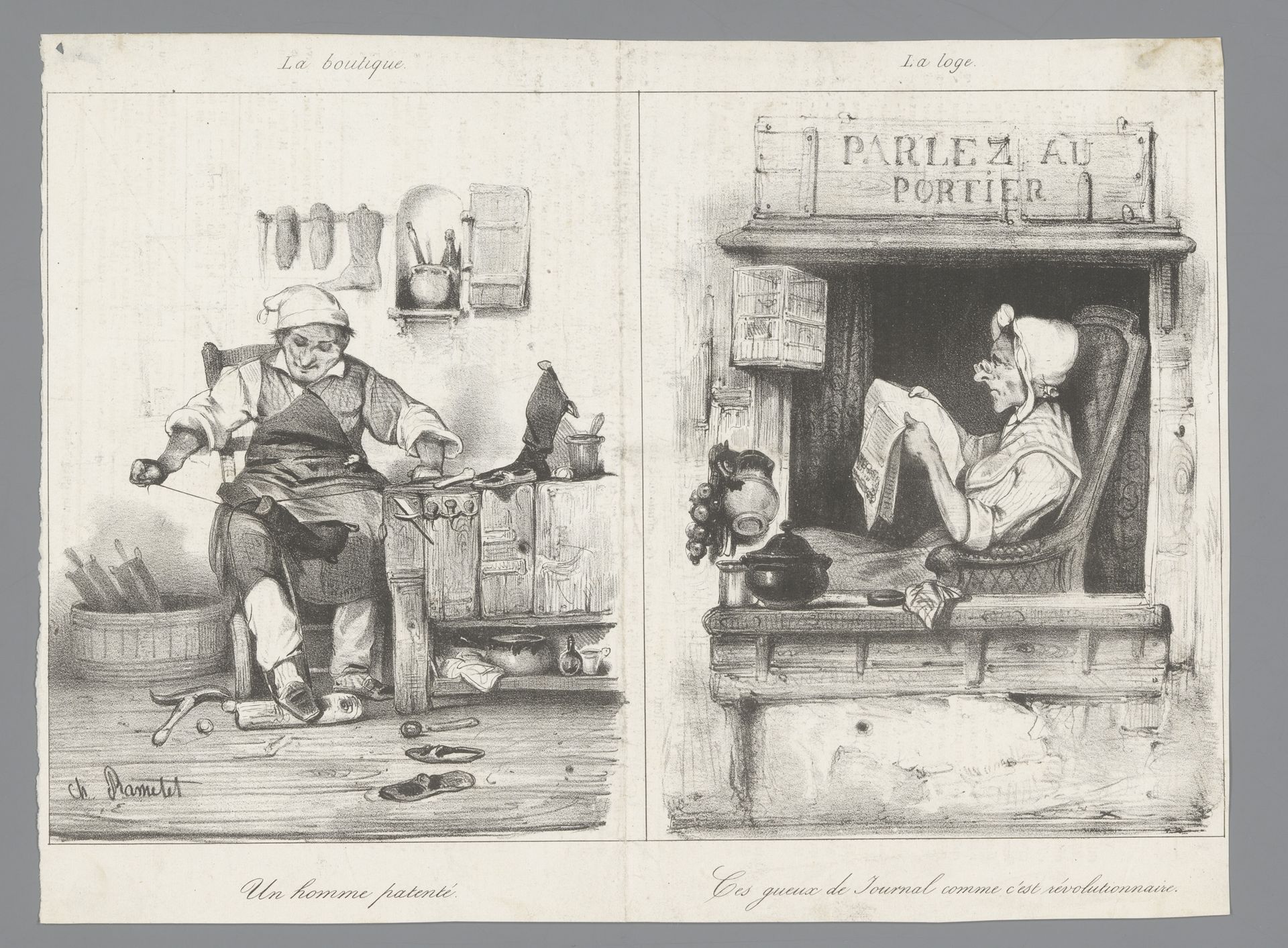 Schoenmaker in zijn winkel en krantenlezende vrouw in portiersloge by Charles Ramelet