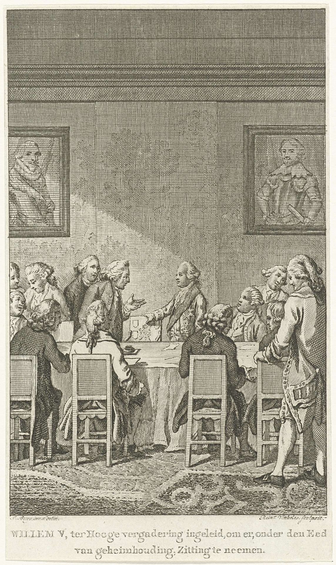 Willem V neemt voor het eerst zitting in de Raad van State, 1763 by Reinier Vinkeles