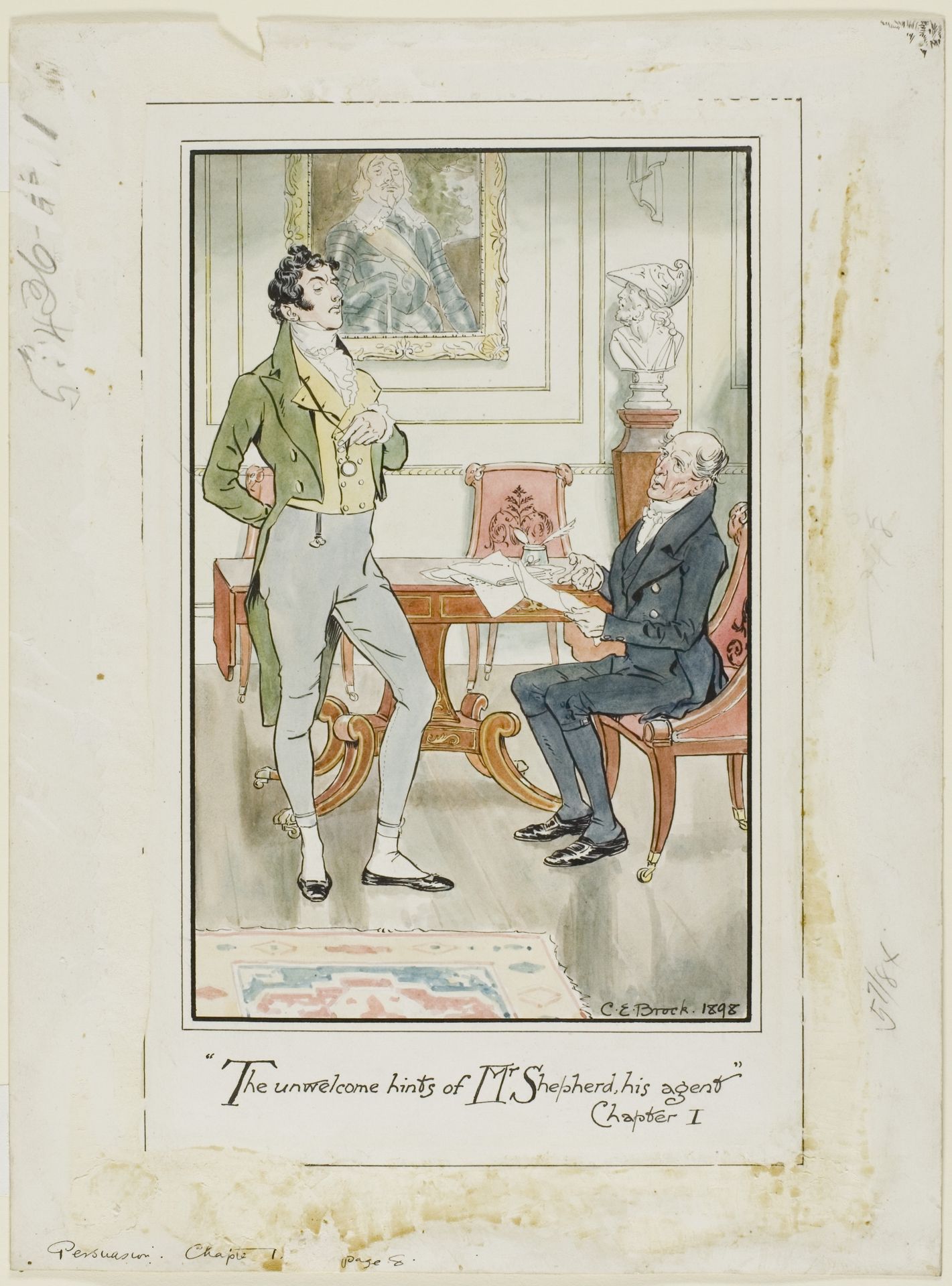 "'The unwelcome hints of Mr. Shepherd, his Agent,' Chapter I" frontispiece for Jane Austen's Persuasion by Charles Edmund Brock