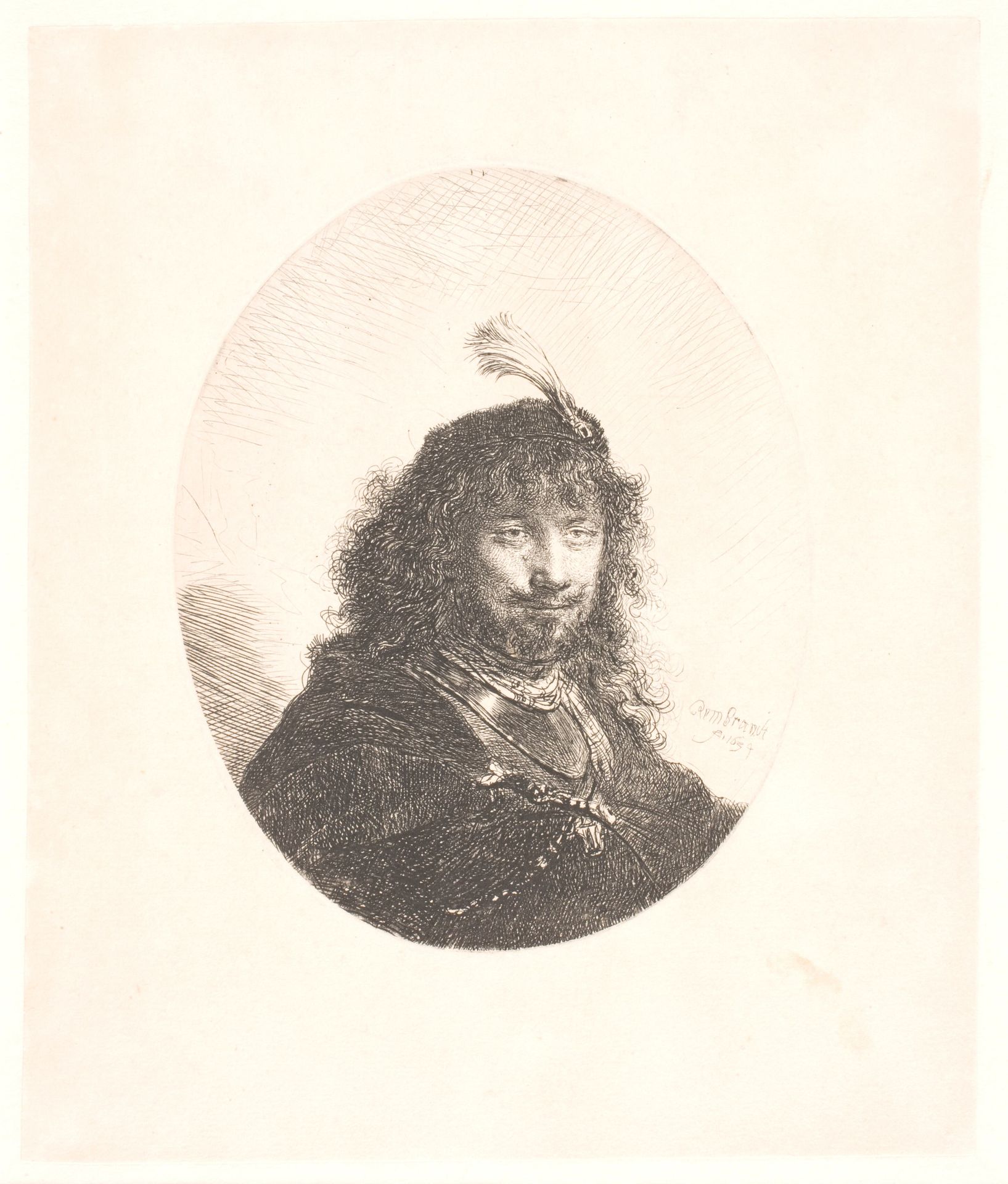 Rembrandt with plumed cap and lowered sabre: three-quarter lenght: afterwards bust in oval by Rembrandt van Rijn