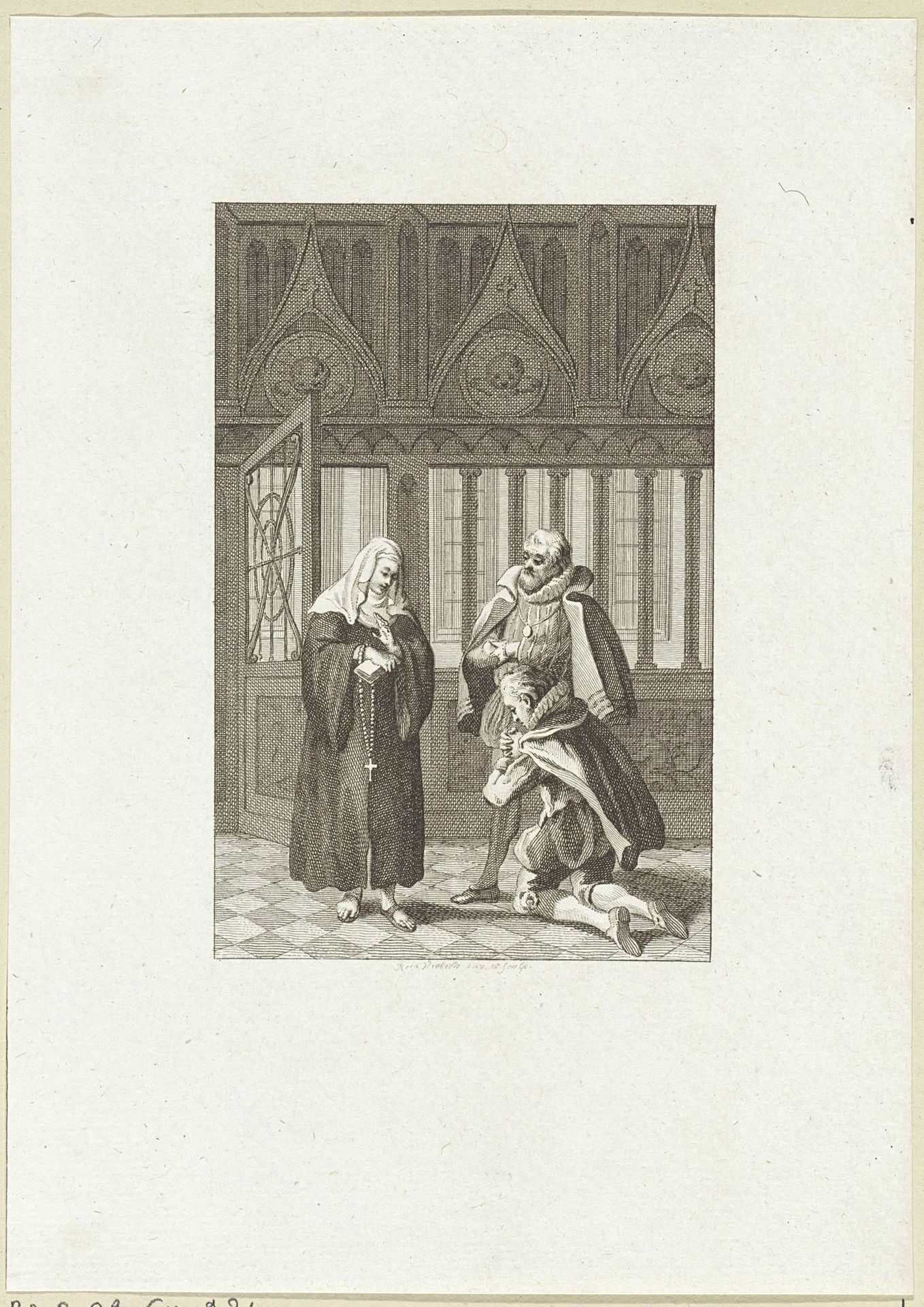 Man knielt voor een non in een kerk by Reinier Vinkeles