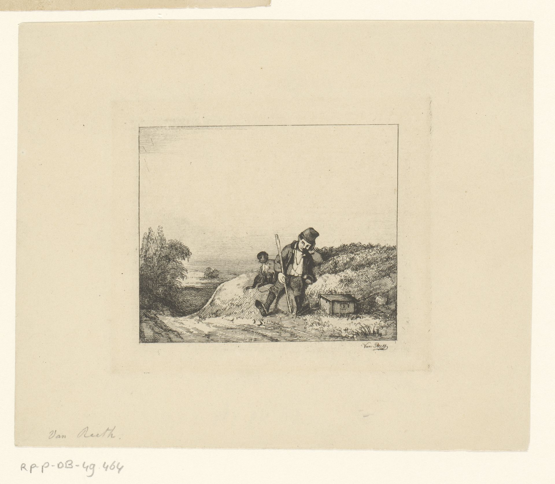 Landschap met een slapende marskramer en aap by Pierre Jean-Baptiste van Reeth