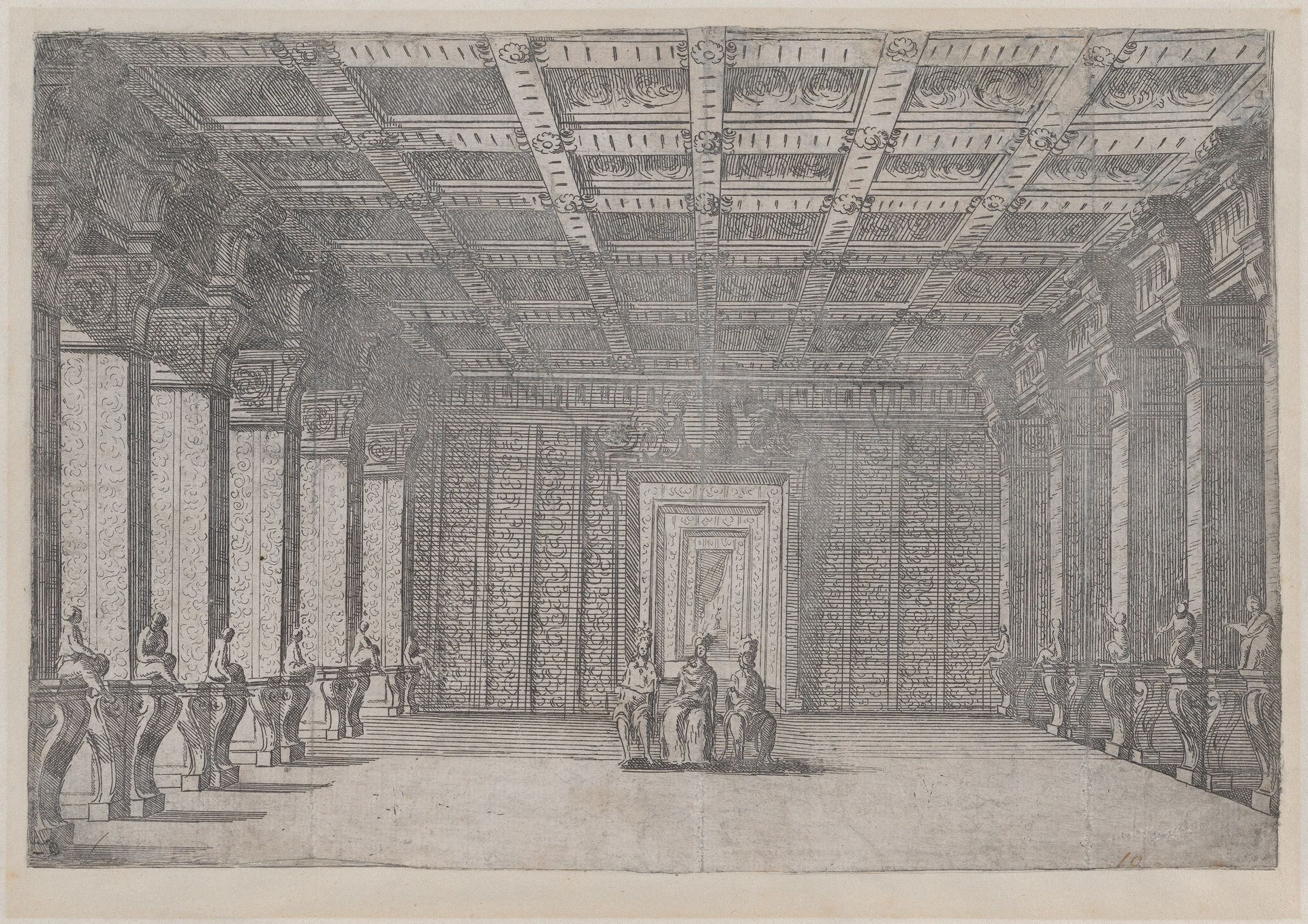 Theatrical scene with three figures seated in the middle of a room with columns at left and right and a coffered ceiling by Ludovico Ottaviano Burnacini