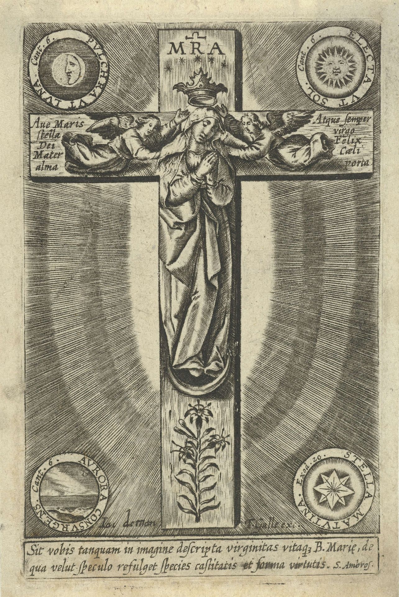 Maria staand op de maansikkel tegen een kruis by Jacobus de (I) Man