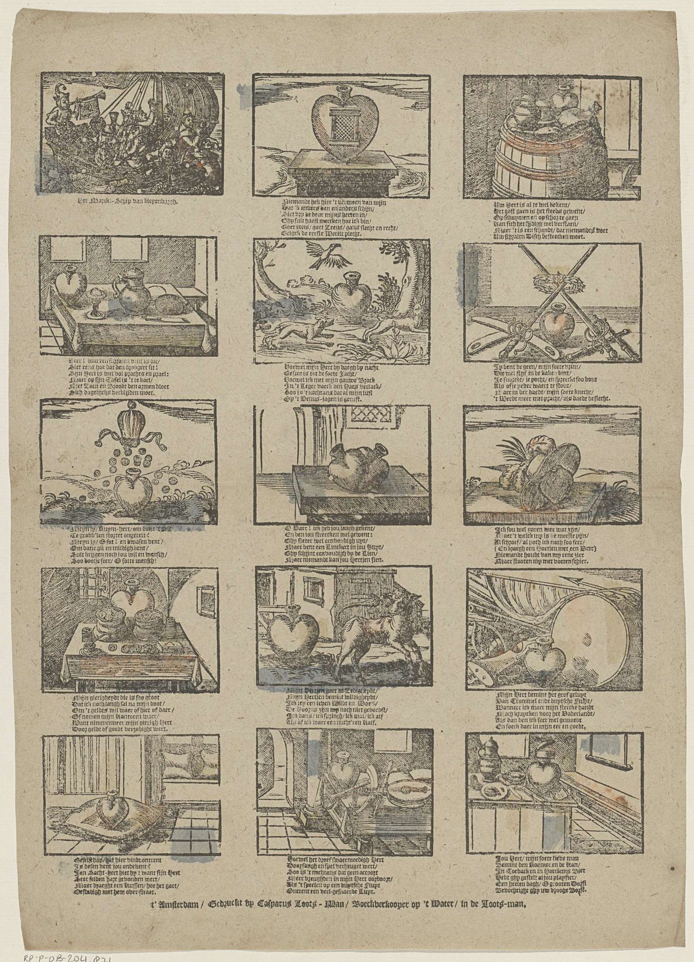 Schip en allegorische voorstellingen van harten by Casparus Lootsman