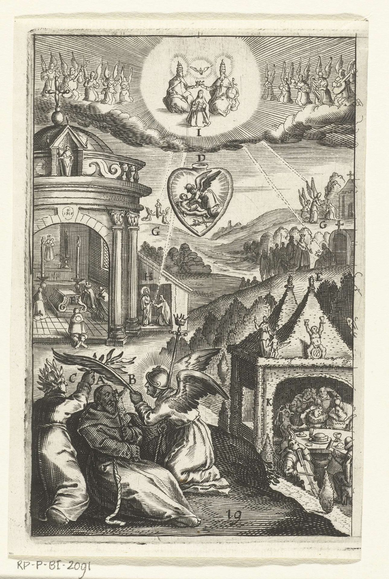 Embleem met verering van Heilige Franciscus van Assisi die in deugd leefde by Anonymous