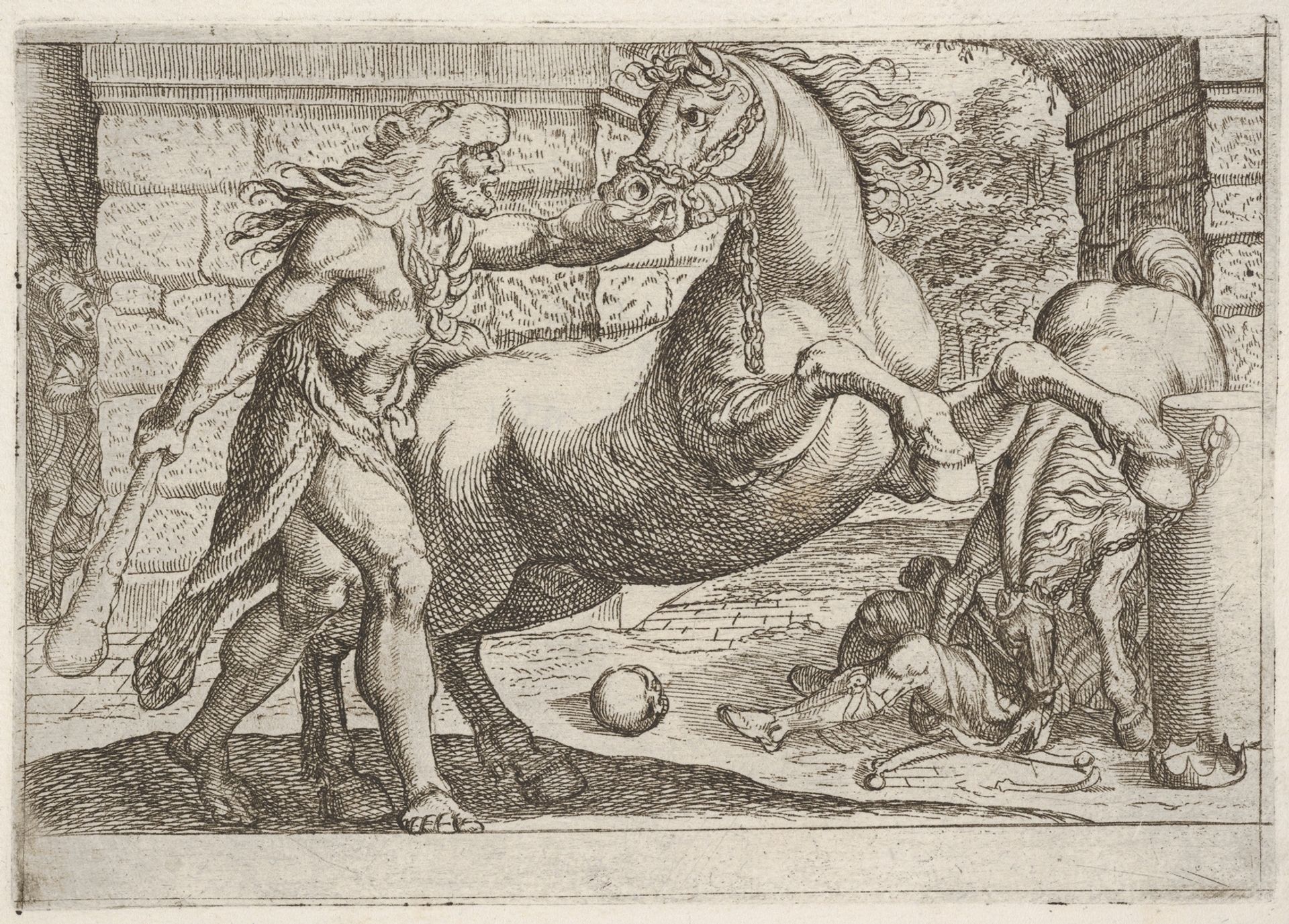 Hercules and the Mares of Diomedes: Hercules grasps the bridle of a rearing horse, a second horse tramples a figure in at right, from the series 'The Labors of Hercules' by Antonio Tempesta