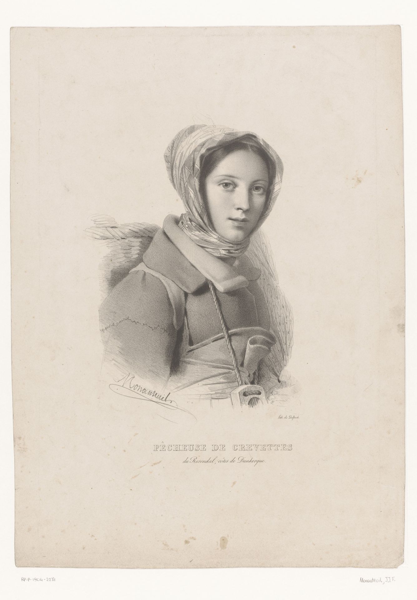 Portret van vrouwelijke garnalenvisser uit de omgeving van Duinkerke by Jean Jacques François Monanteuil