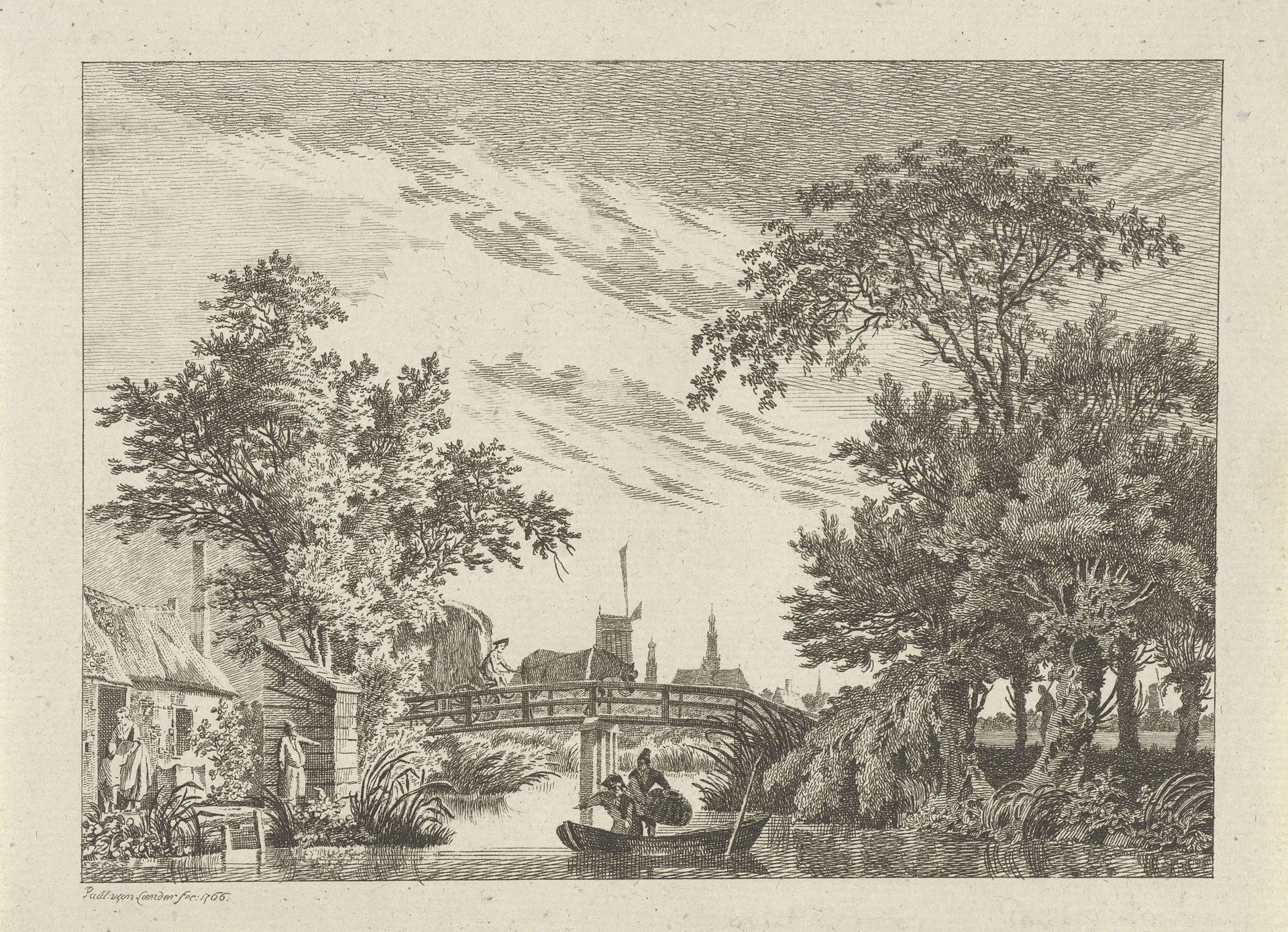 Landschap met hooiwagen op een brug by Paulus van Liender