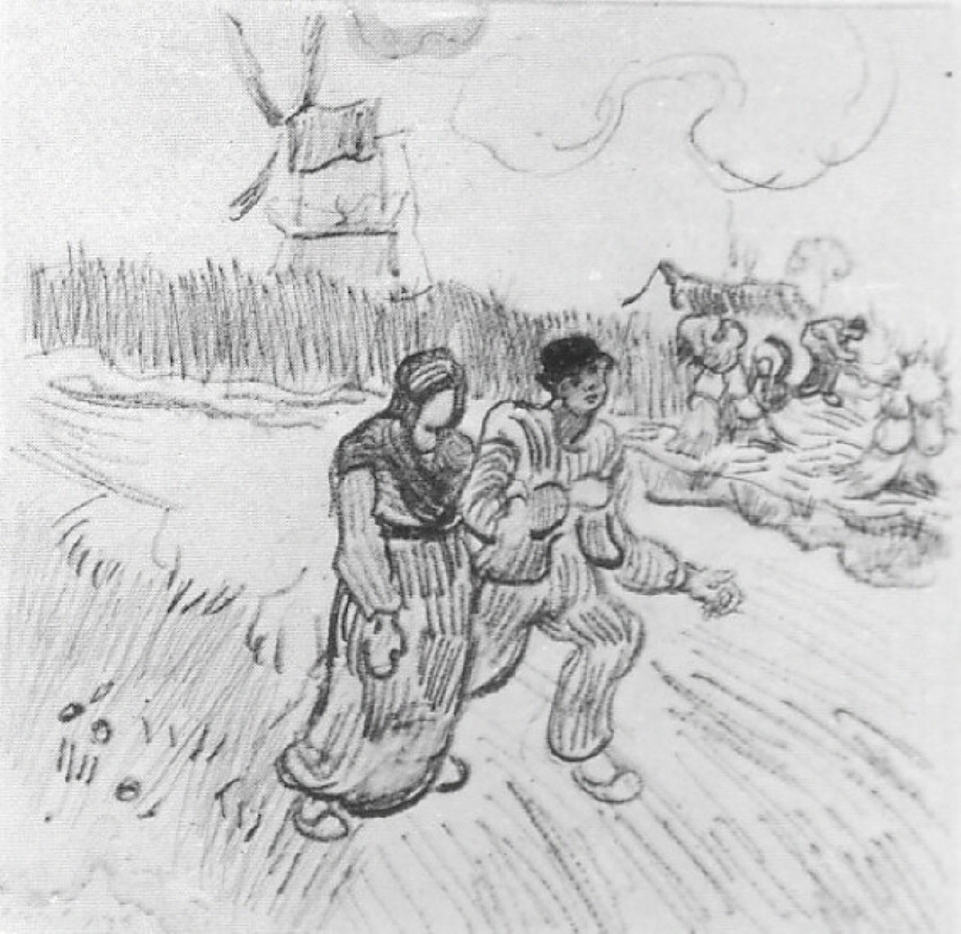 Couple Arm in Arm and Other Figures, with a Windmill in the Background by Vincent van Gogh