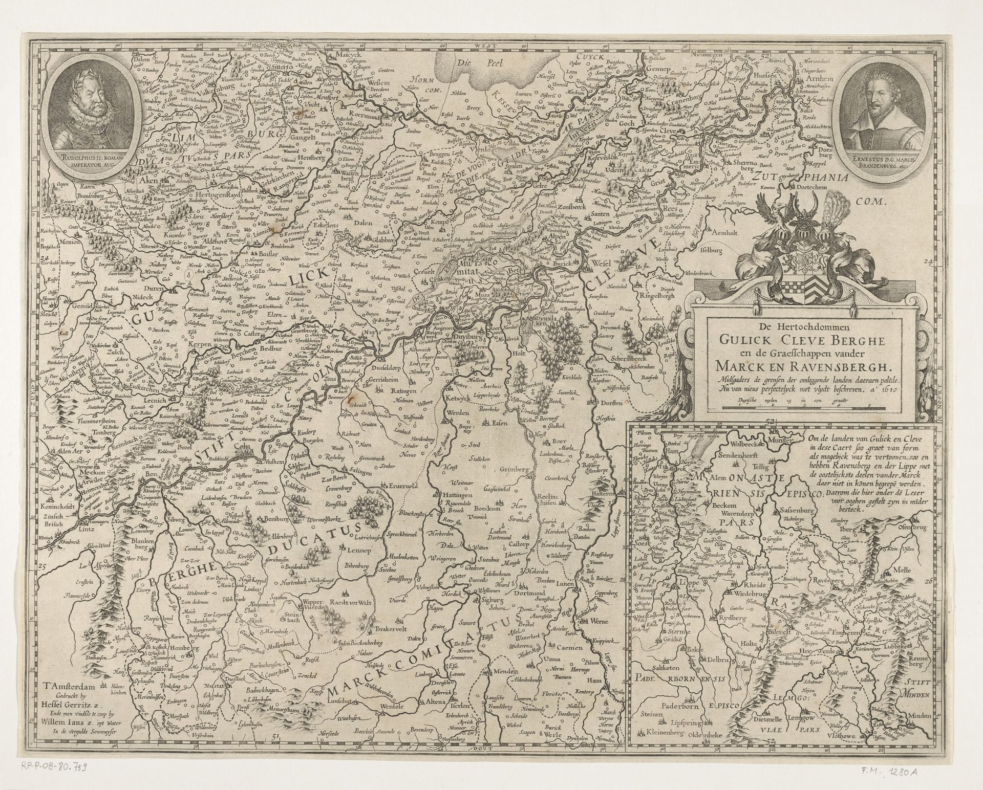 Kaart van de hertogdommen Gulik, Kleef en Berg, strijdtoneel van de Gulik-Kleefse kwestie, 1610 by Hessel Gerritsz