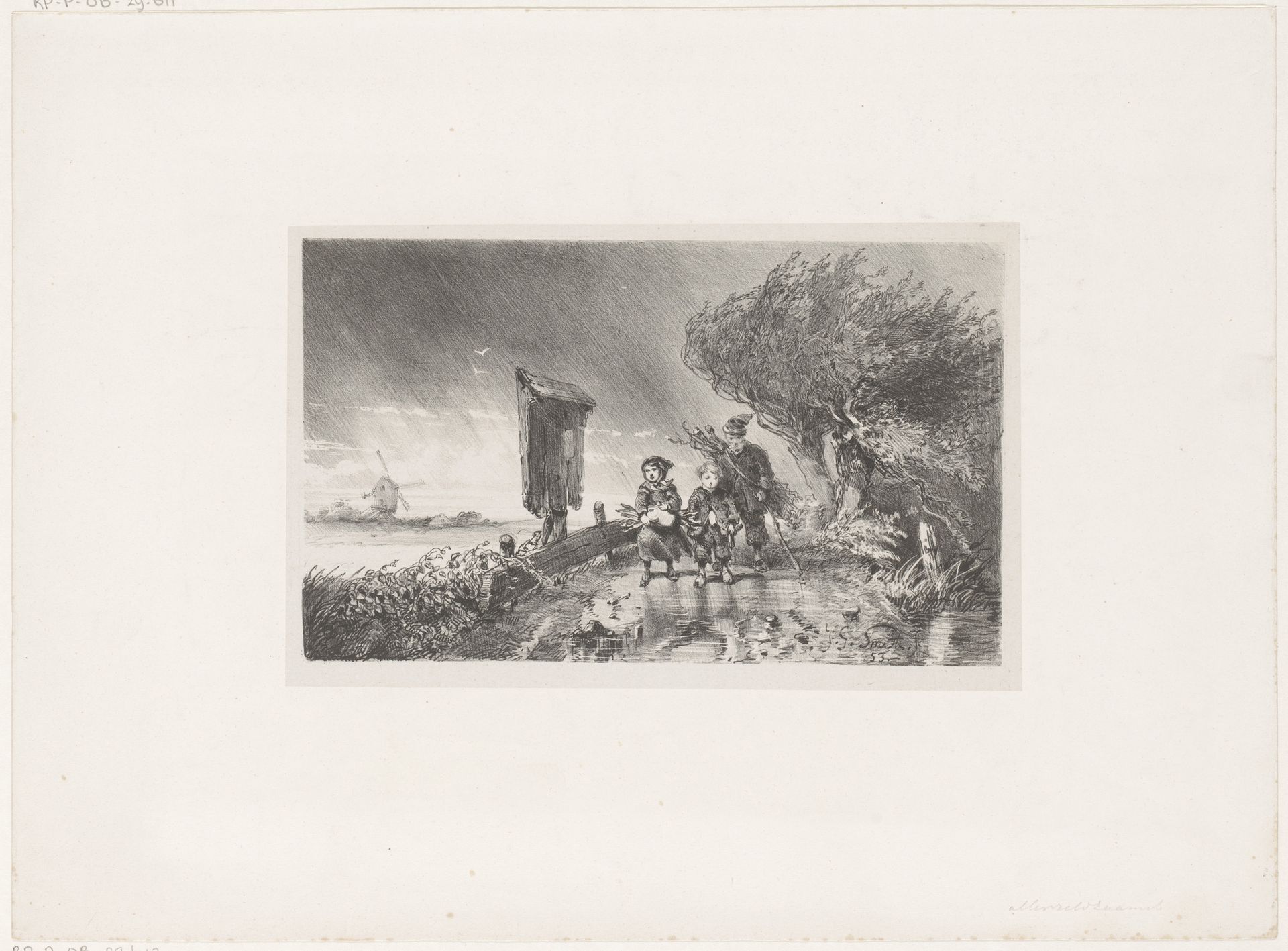Houtsprokkelende man en kinderen in de storm by Jan Gerard Smits