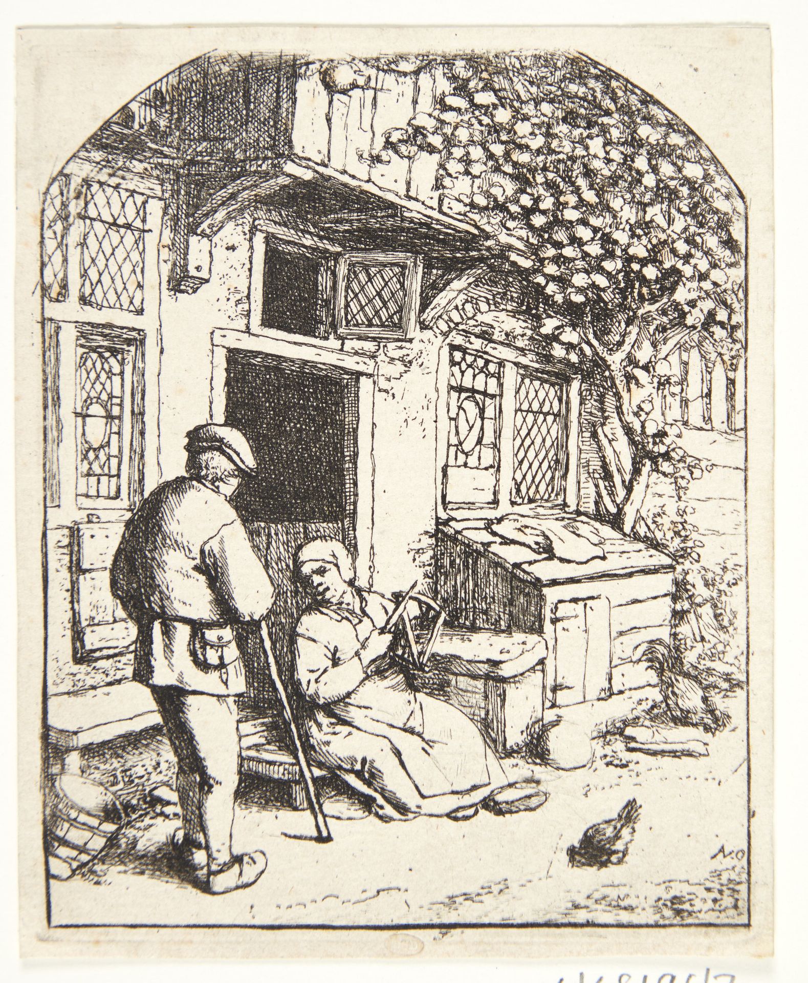 Mand i samtale med en kvinde, som vinder garn by Adriaen van Ostade