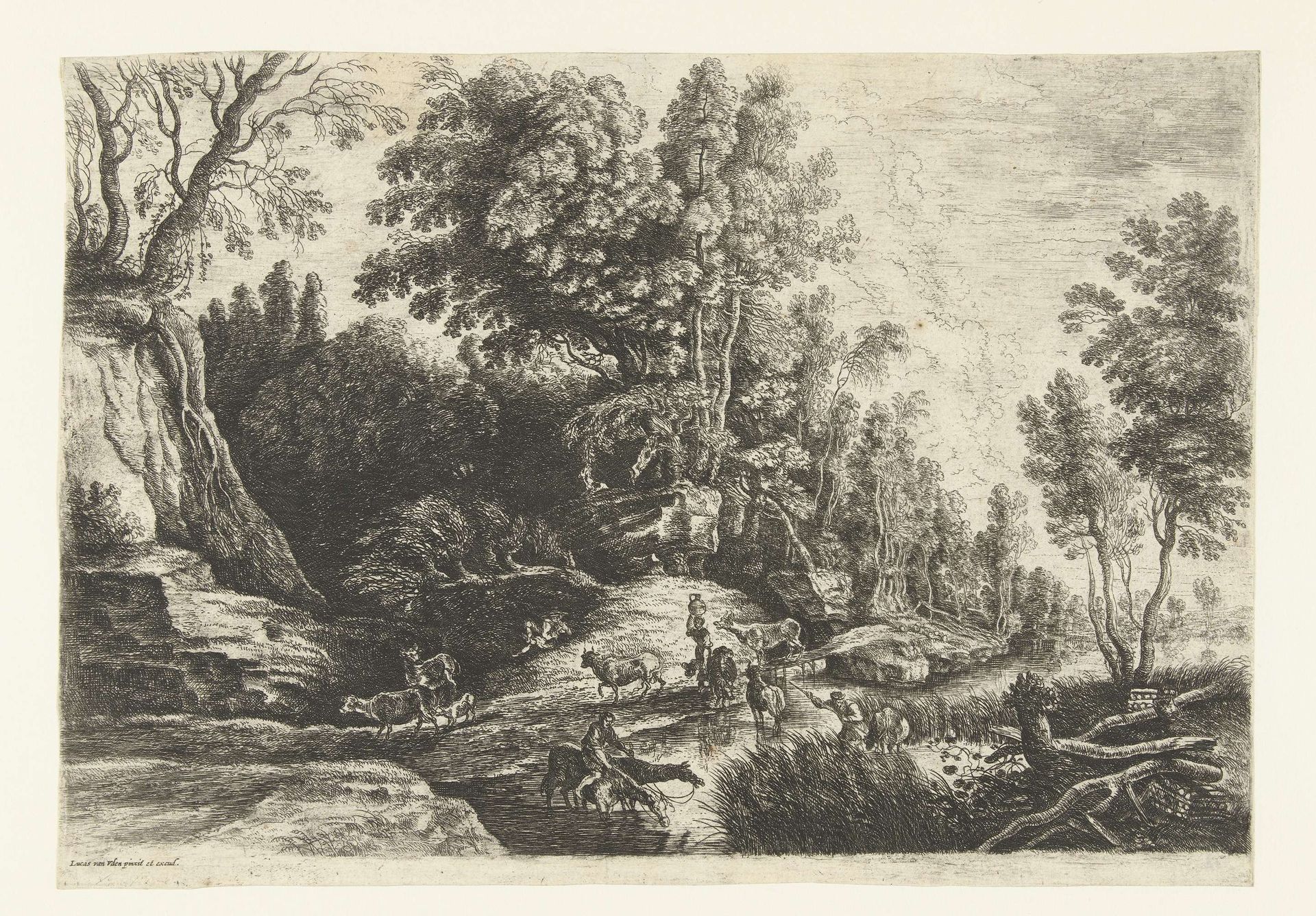 Paarden en koeien bij een drinkplaats by Lucas van Uden