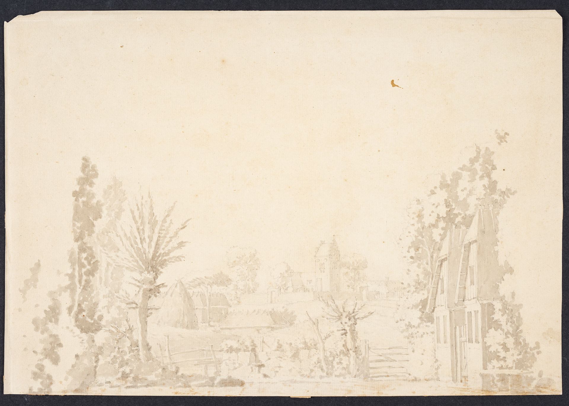 Scene-dekoration til "Høstgildet", Det Kgl. Teater. Gentofte kirke i baggrunden. by Thomas Bruun