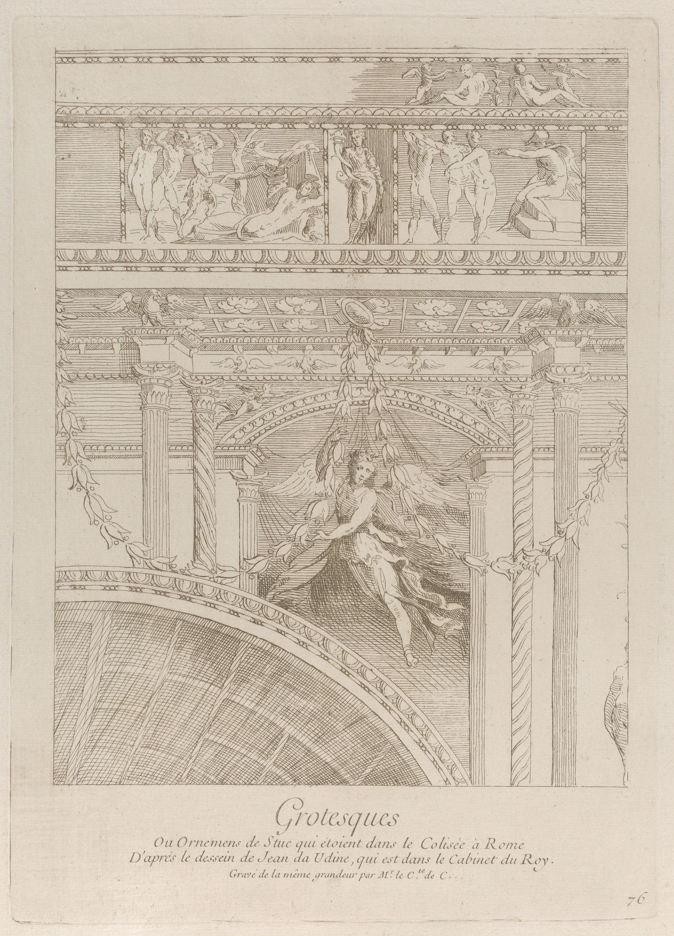 Grotesques: detail of the stucco reliefs decorating the Colosseum in Rome, with a winged figure hovering between two pairs of columns by Anne Claude Philippe Caylus