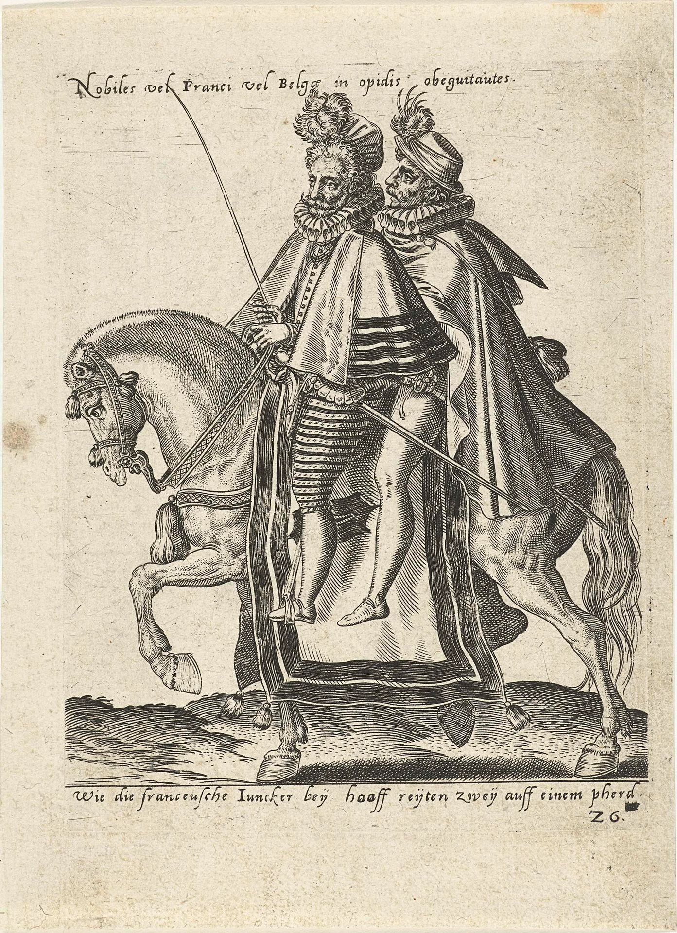 Twee Franse jonkers op een paard by Abraham de Bruyn