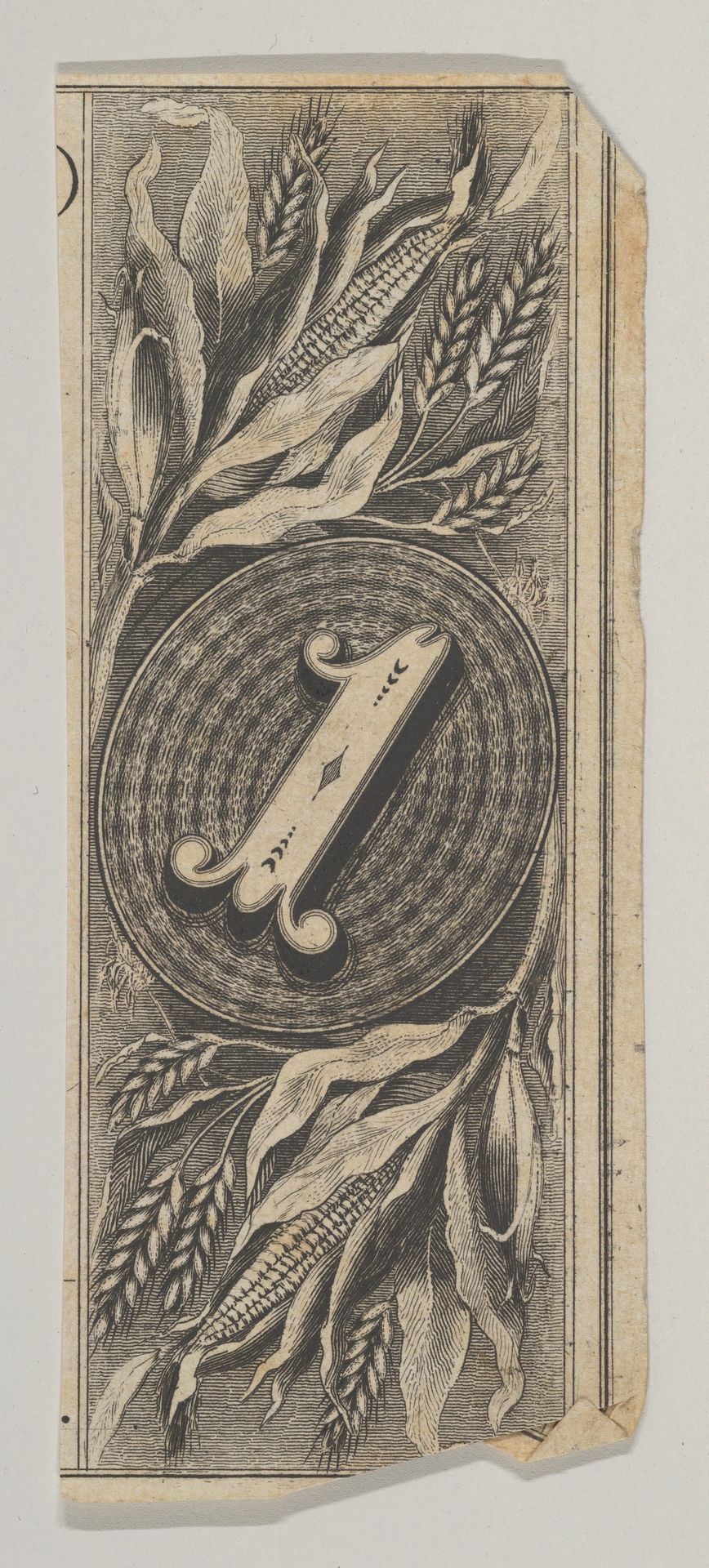 Banknote motif: the number 1 against an oval of woven lathe work, inside a rectangle decorated with grain by Cyrus Durand